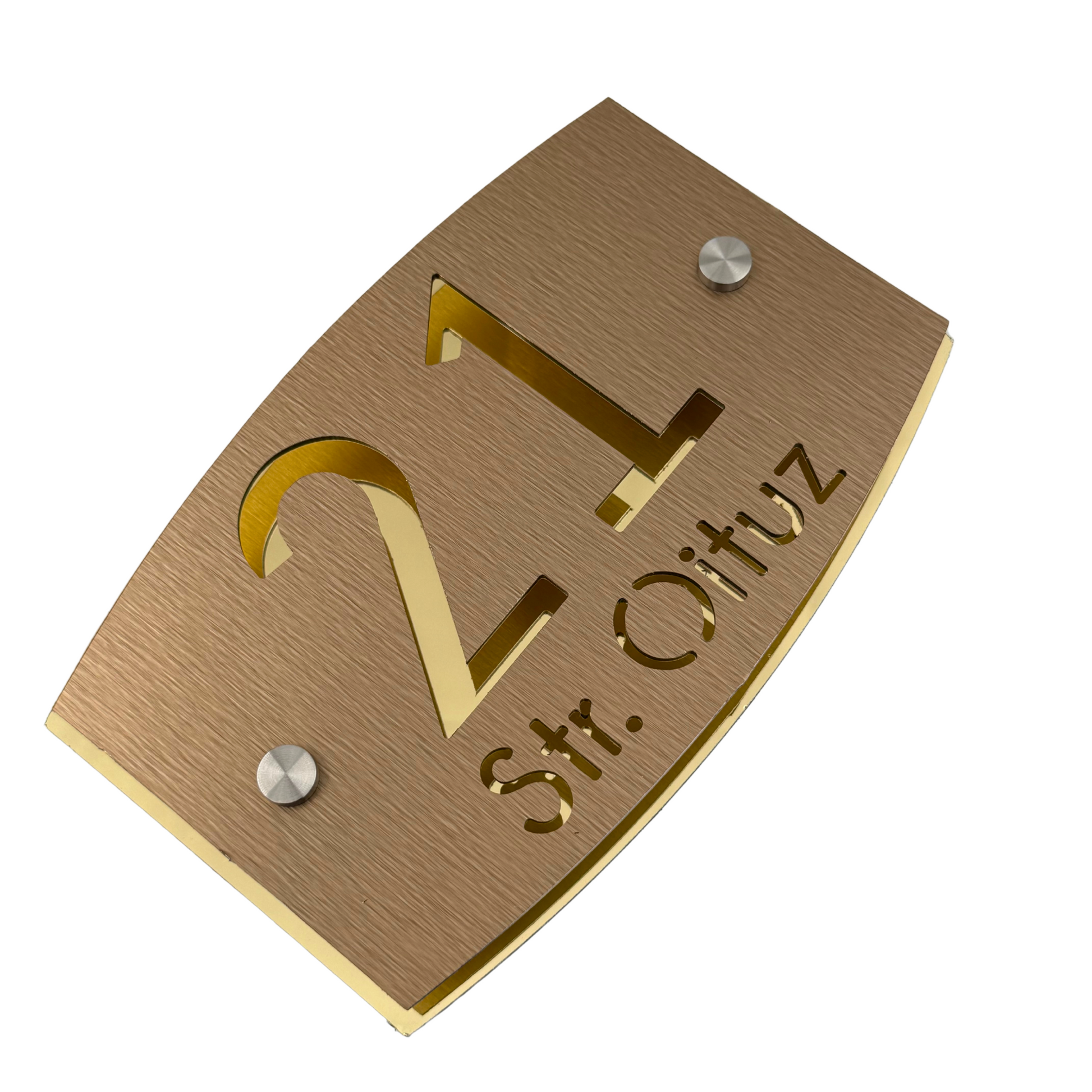 PREMIUM HOUSE NUMBER - Aluminium Pearly Bronze Aluminium Gold Mirror 2 Spacers Silver - 20×13 cm