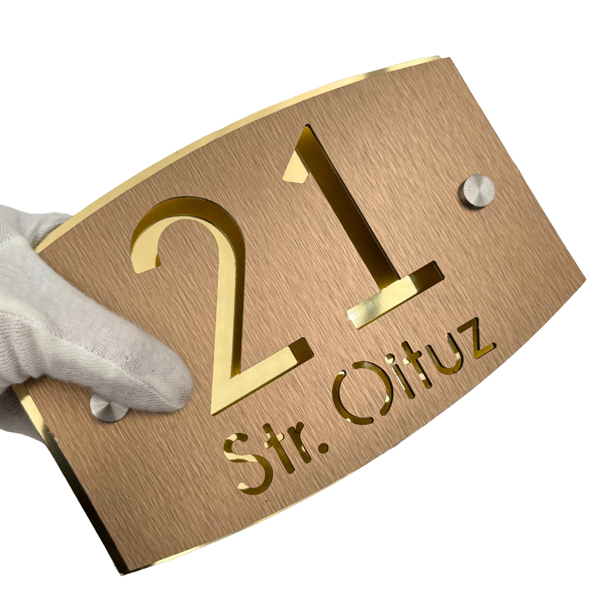 PREMIUM HOUSE NUMBER - Aluminium Pearly Bronze Aluminium Gold Mirror 2 Spacers Silver - 20×13 cm