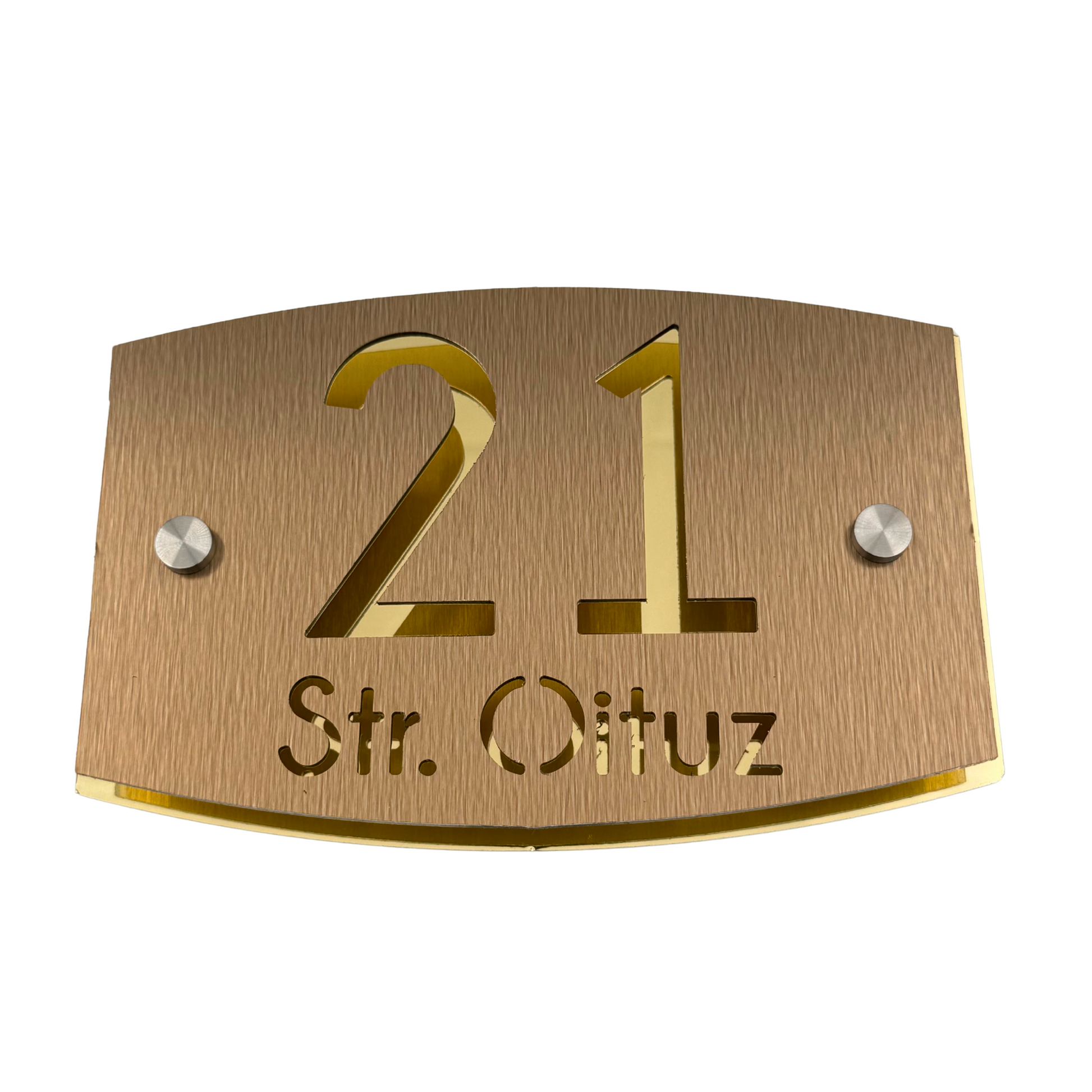 PREMIUM HOUSE NUMBER - Aluminium Pearly Bronze Aluminium Gold Mirror 2 Spacers Silver - 20×13 cm