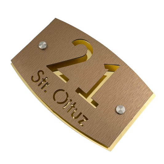 PREMIUM HOUSE NUMBER - Aluminium Pearly Bronze Aluminium Gold Mirror 2 Spacers Silver - 20×13 cm