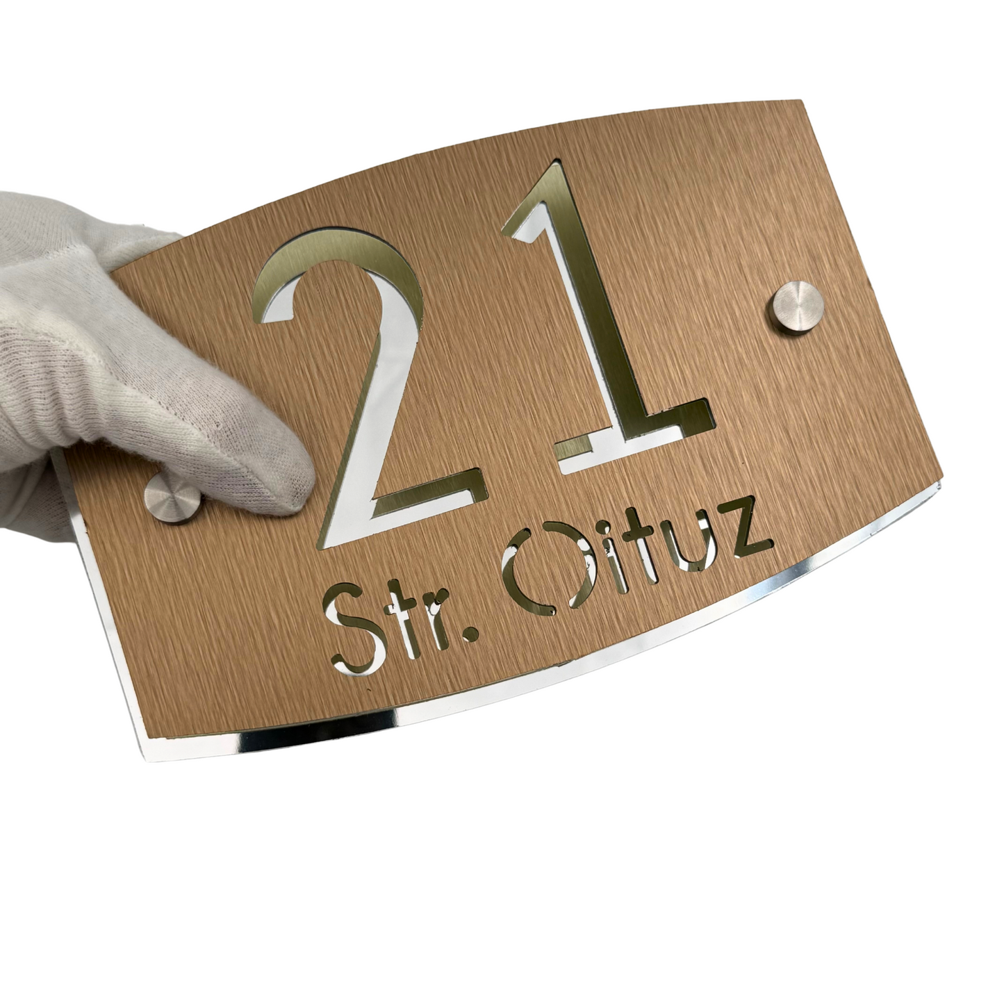 PREMIUM HOUSE NUMBER - Aluminium Pearly Bronze Aluminium Silver Mirror 2 Spacers Silver - 20×13 cm
