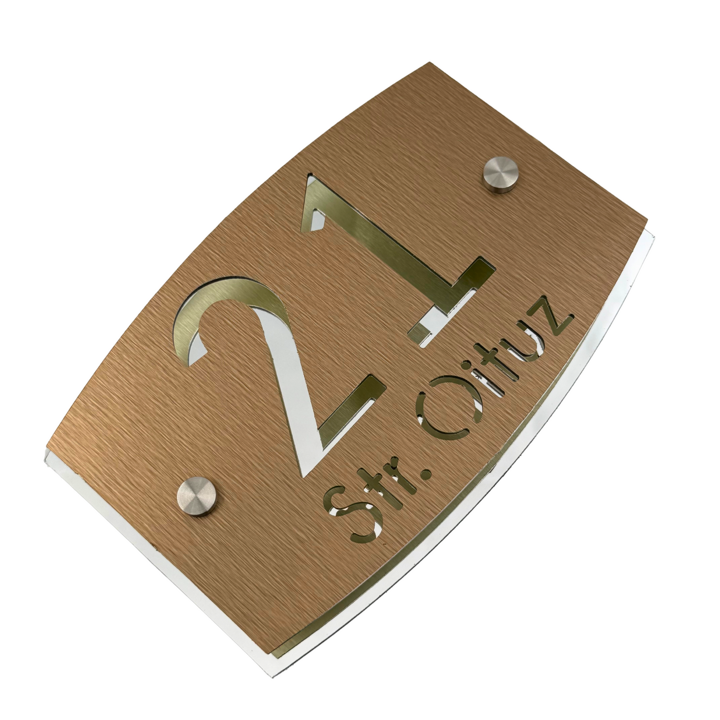 PREMIUM HOUSE NUMBER - Aluminium Pearly Bronze Aluminium Silver Mirror 2 Spacers Silver - 20×13 cm