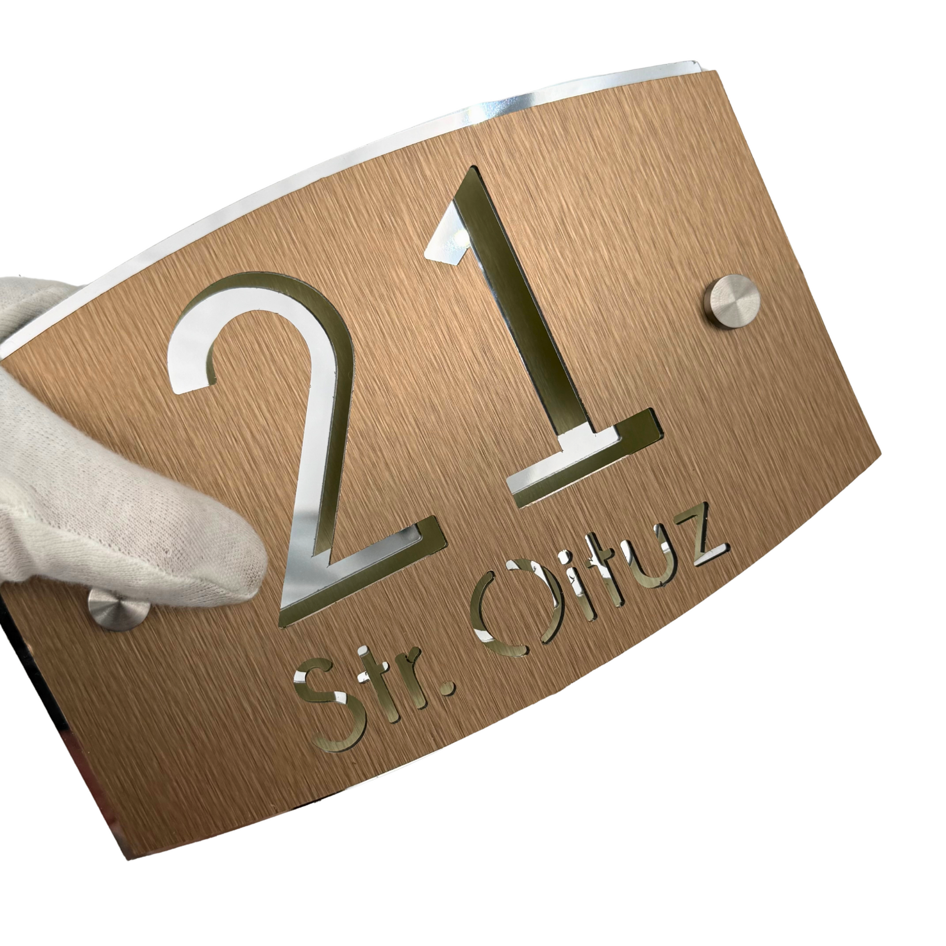 PREMIUM HOUSE NUMBER - Aluminium Pearly Bronze Aluminium Silver Mirror 2 Spacers Silver - 20×13 cm