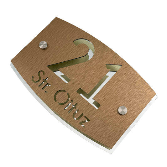 PREMIUM HOUSE NUMBER - Aluminium Pearly Bronze Aluminium Silver Mirror 2 Spacers Silver - 20×13 cm