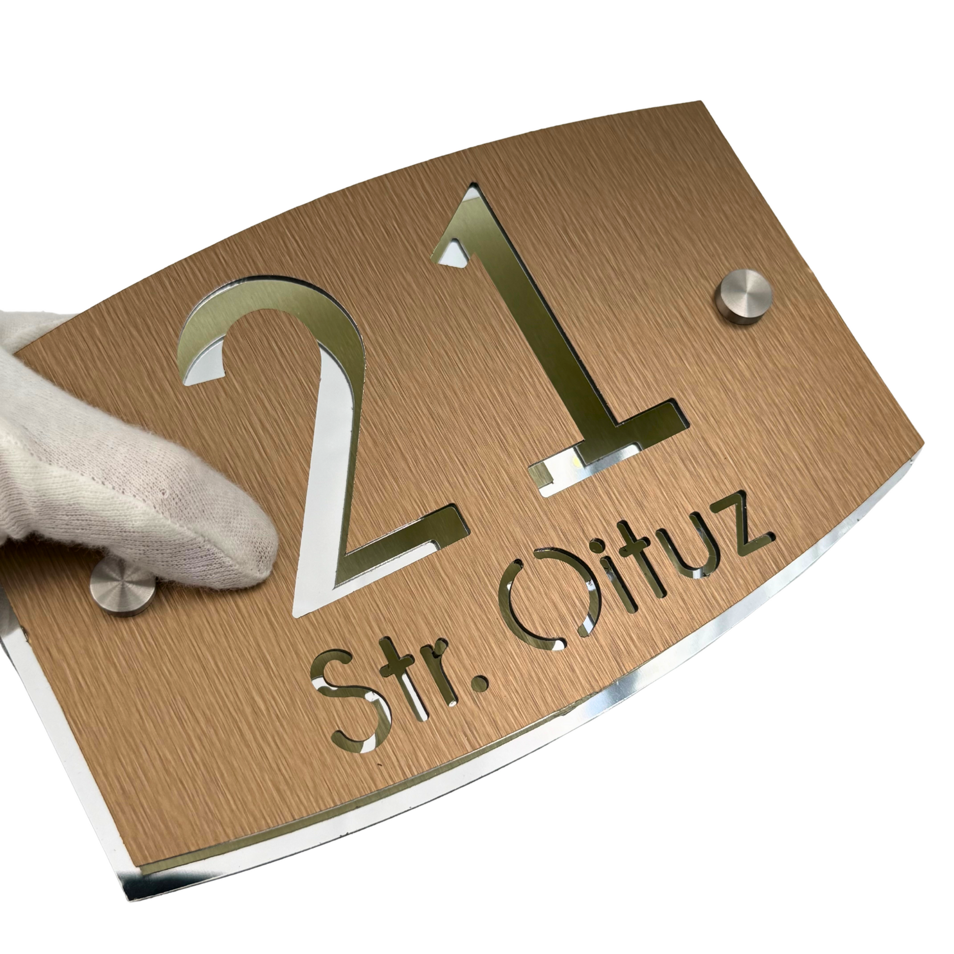 PREMIUM HOUSE NUMBER - Aluminium Pearly Bronze Aluminium Silver Mirror 2 Spacers Silver - 20×13 cm