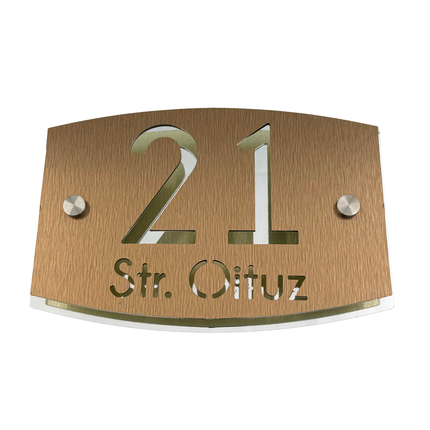 PREMIUM HOUSE NUMBER - Aluminium Pearly Bronze Aluminium Silver Mirror 2 Spacers Silver - 20×13 cm