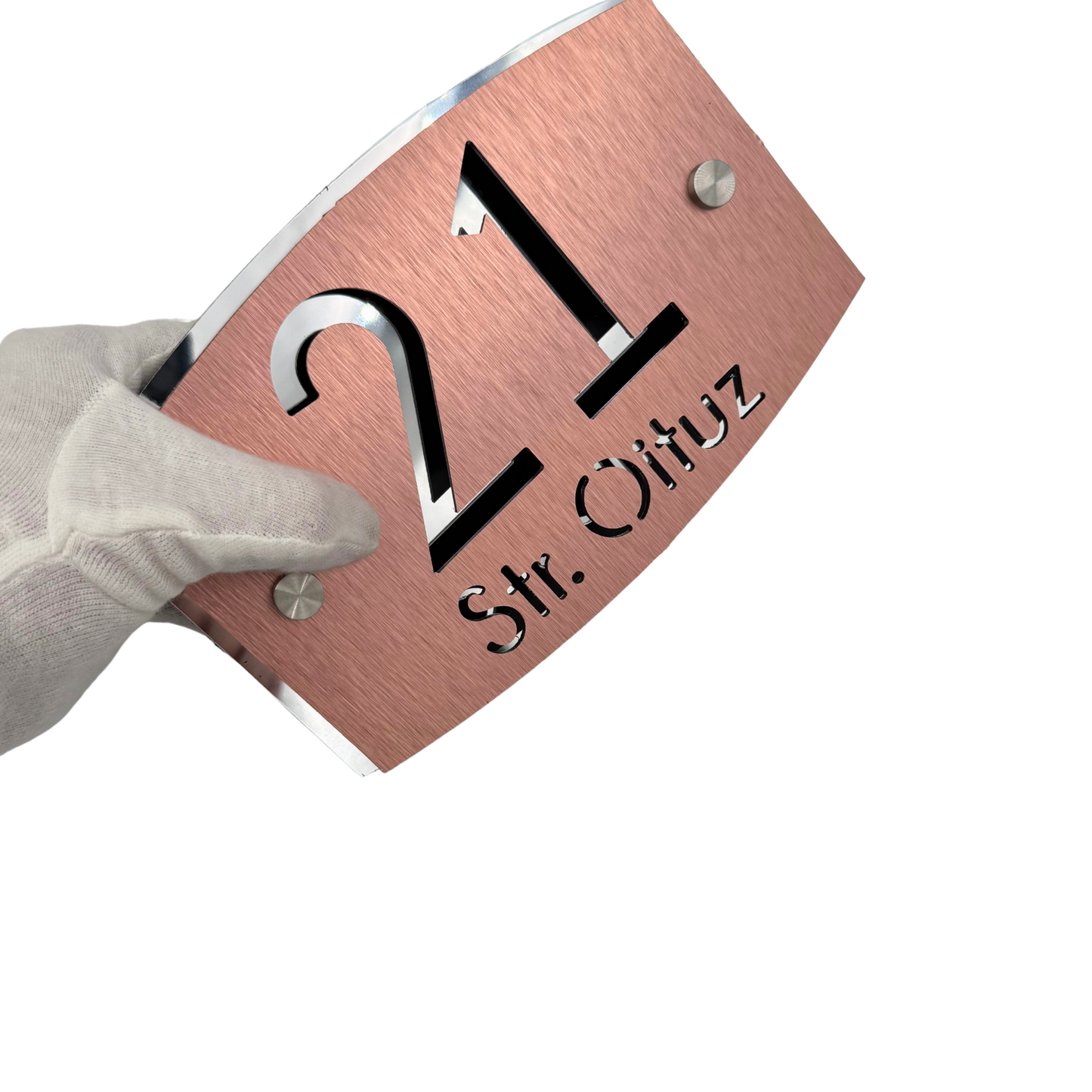 PREMIUM HOUSE NUMBER - Aluminium Pearly Copper Aluminium Silver Mirror 2 Spacers Silver - 20×13 cm
