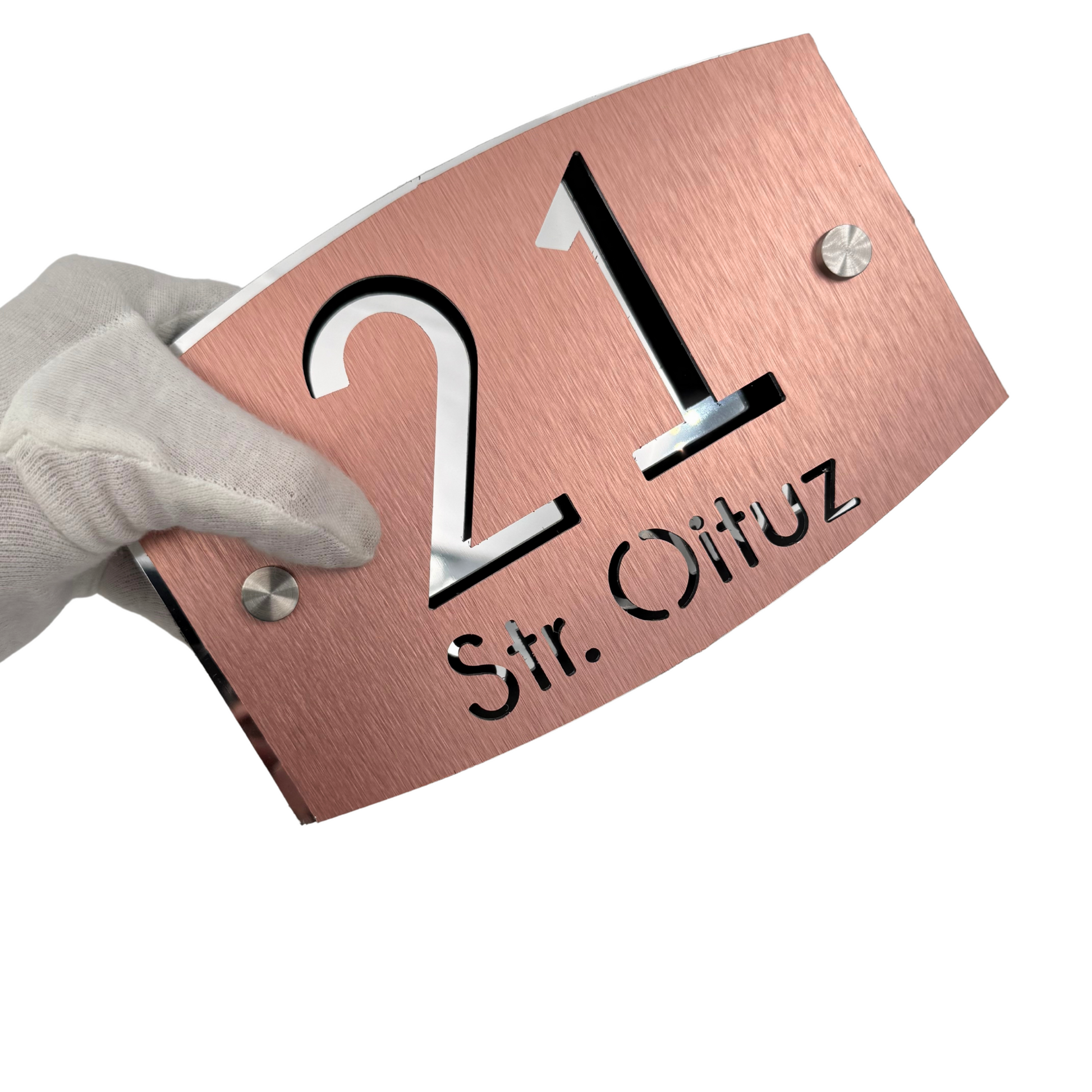 PREMIUM HOUSE NUMBER - Aluminium Pearly Copper Aluminium Silver Mirror 2 Spacers Silver - 20×13 cm