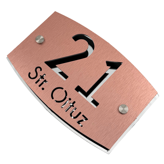 PREMIUM HOUSE NUMBER - Aluminium Pearly Copper Aluminium Silver Mirror 2 Spacers Silver - 20×13 cm