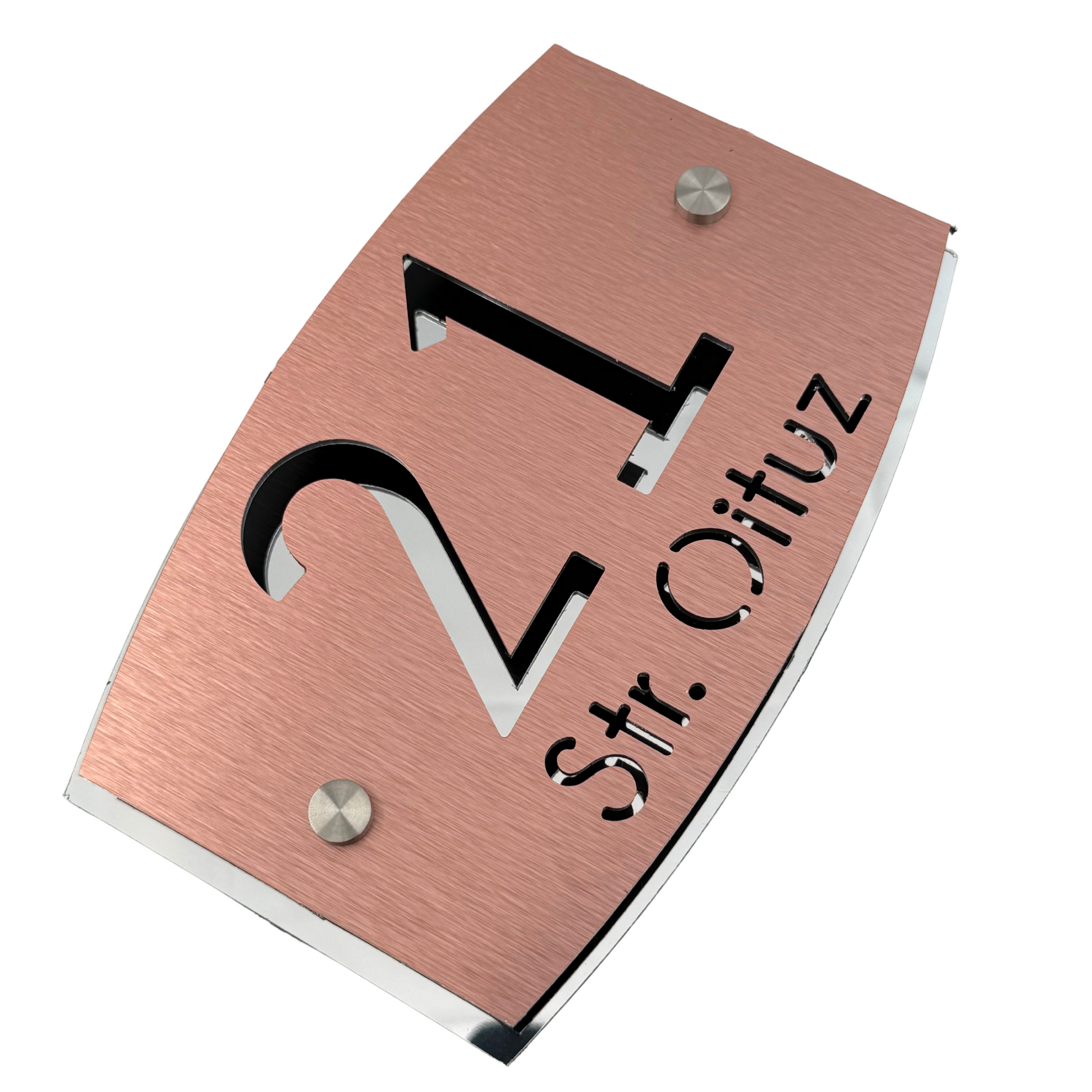 PREMIUM HOUSE NUMBER - Aluminium Pearly Copper Aluminium Silver Mirror 2 Spacers Silver - 20×13 cm