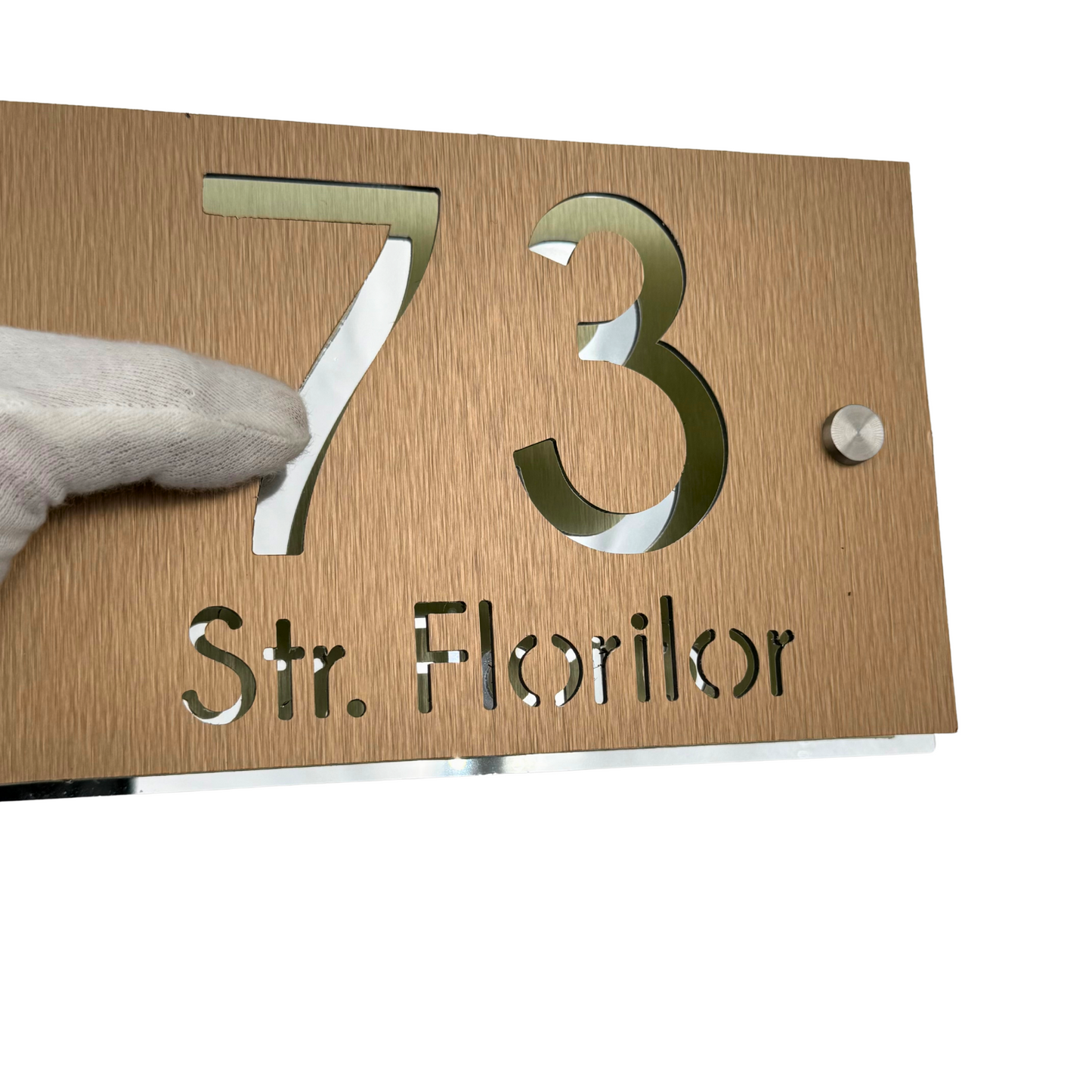 PREMIUM HOUSE NUMBER - Aluminium Pearly Bronze Aluminium Silver Mirror 2 Spacers Silver - 20×13 cm