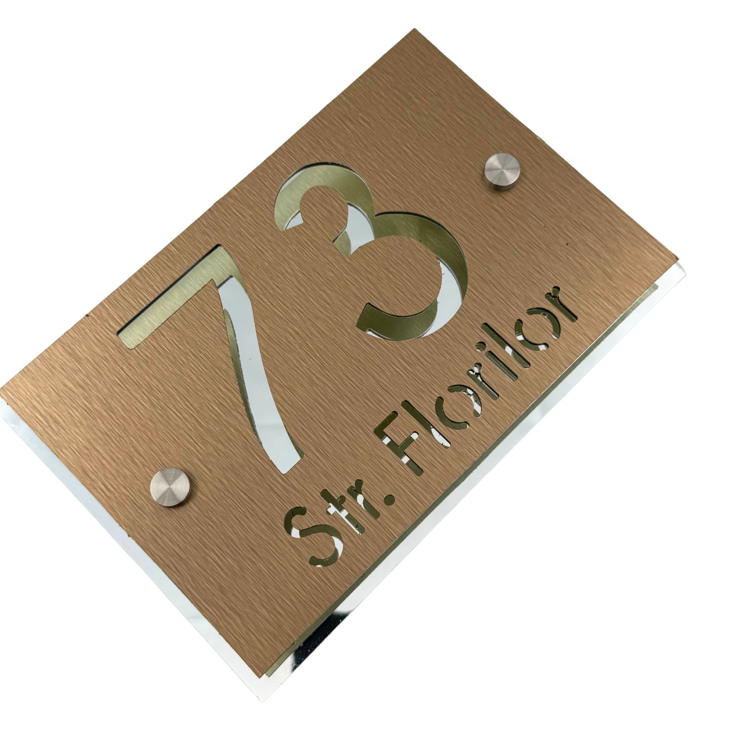 PREMIUM HOUSE NUMBER - Aluminium Pearly Bronze Aluminium Silver Mirror 2 Spacers Silver - 20×13 cm