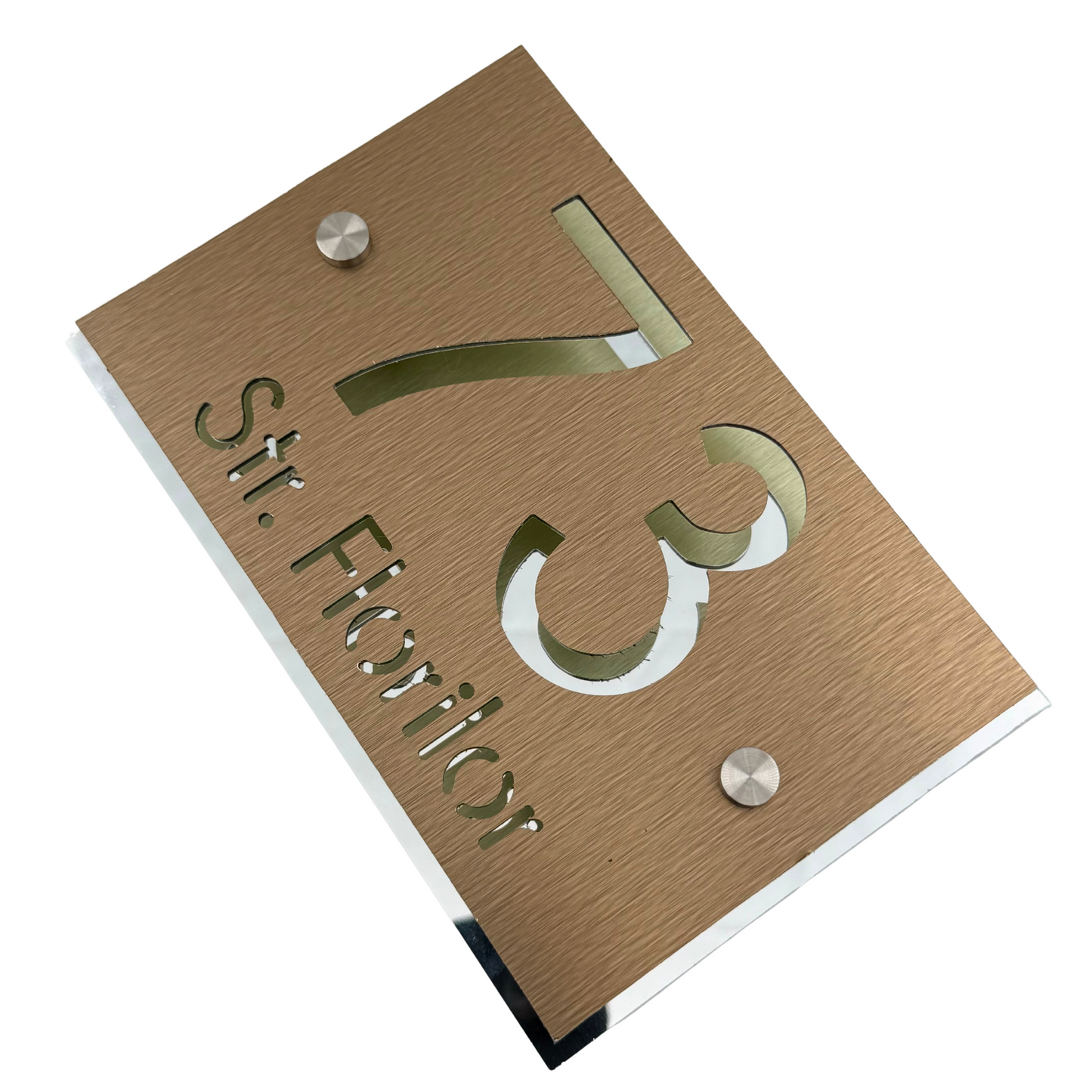 PREMIUM HOUSE NUMBER - Aluminium Pearly Bronze Aluminium Silver Mirror 2 Spacers Silver - 20×13 cm