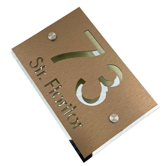 PREMIUM HOUSE NUMBER - Aluminium Pearly Bronze Aluminium Silver Mirror 2 Spacers Silver - 20×13 cm