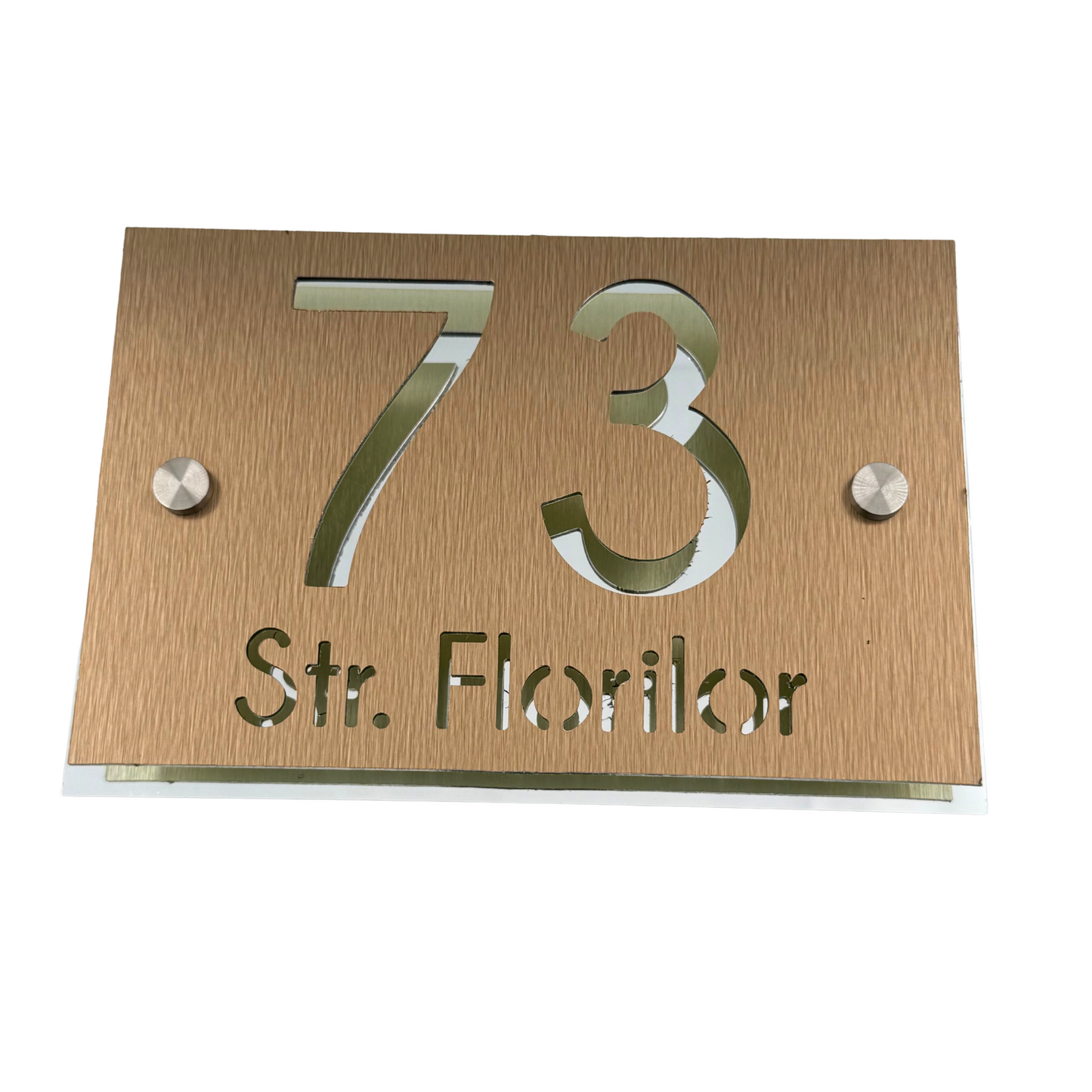 PREMIUM HOUSE NUMBER - Aluminium Pearly Bronze Aluminium Silver Mirror 2 Spacers Silver - 20×13 cm