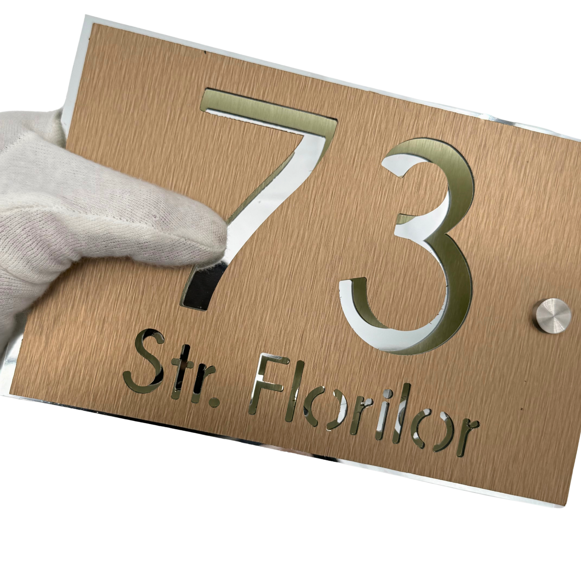 PREMIUM HOUSE NUMBER - Aluminium Pearly Bronze Aluminium Silver Mirror 2 Spacers Silver - 20×13 cm