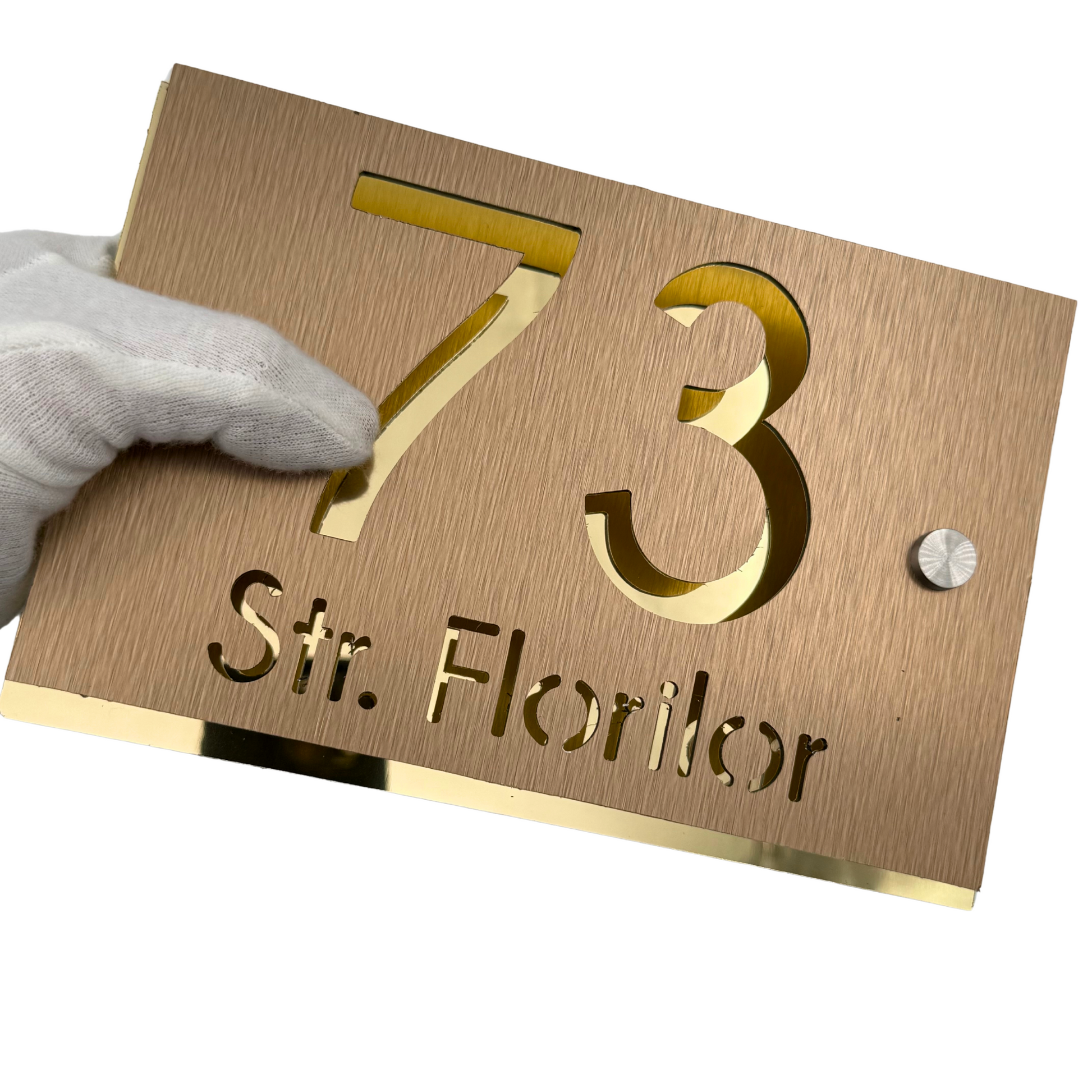 PREMIUM HOUSE NUMBER - Aluminium Pearly Bronze Aluminium Gold Mirror 2 Spacers Silver - 20×13 cm