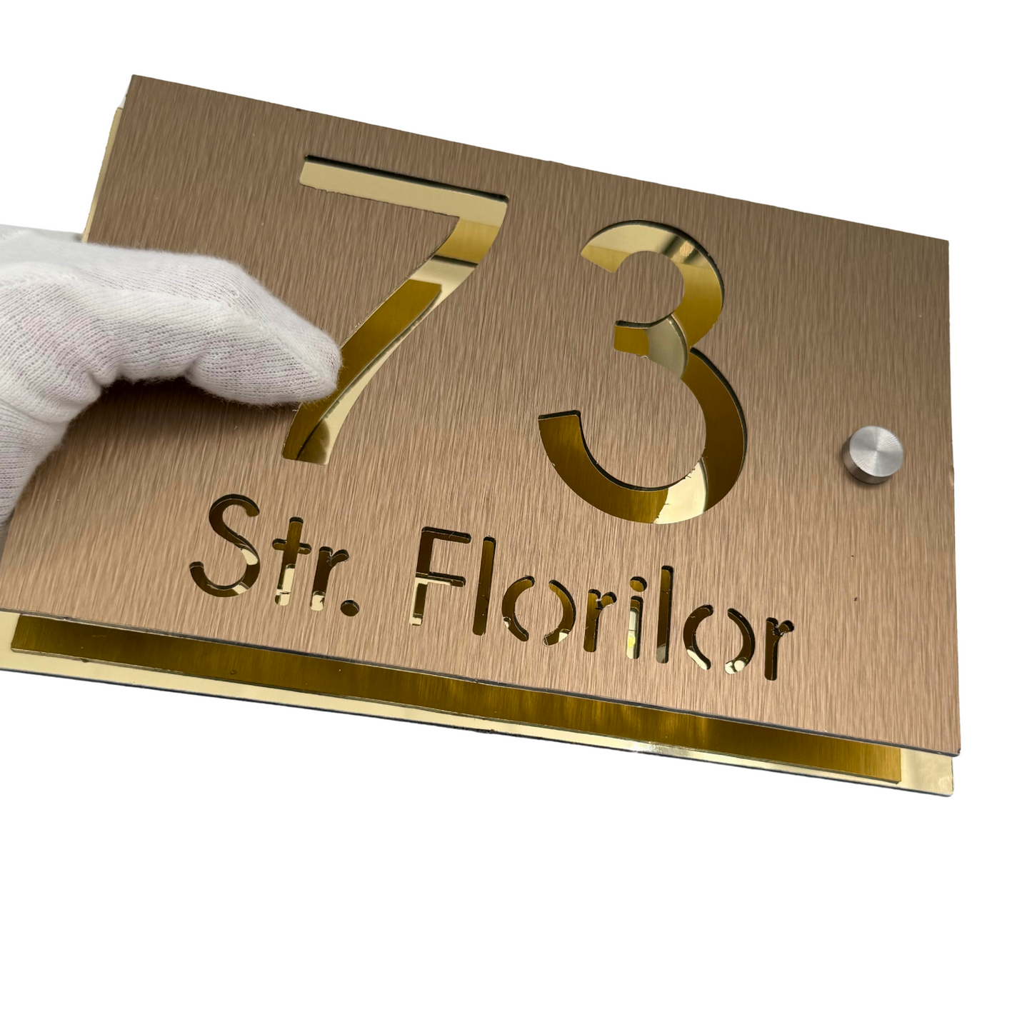 PREMIUM HOUSE NUMBER - Aluminium Pearly Bronze Aluminium Gold Mirror 2 Spacers Silver - 20×13 cm