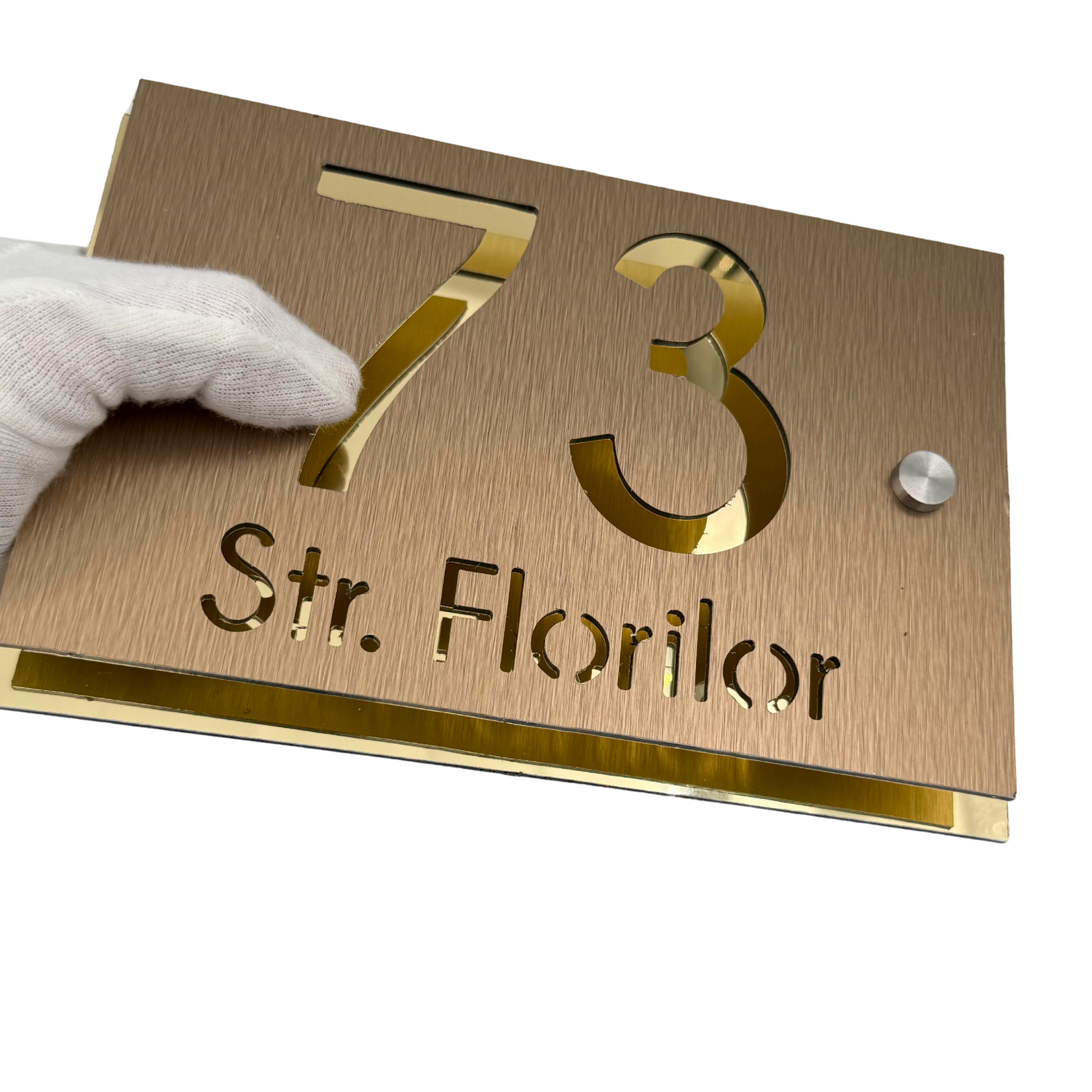 PREMIUM HOUSE NUMBER - Aluminium Pearly Bronze Aluminium Gold Mirror 2 Spacers Silver - 20×13 cm