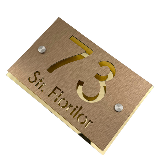 PREMIUM HOUSE NUMBER - Aluminium Pearly Bronze Aluminium Gold Mirror 2 Spacers Silver - 20×13 cm