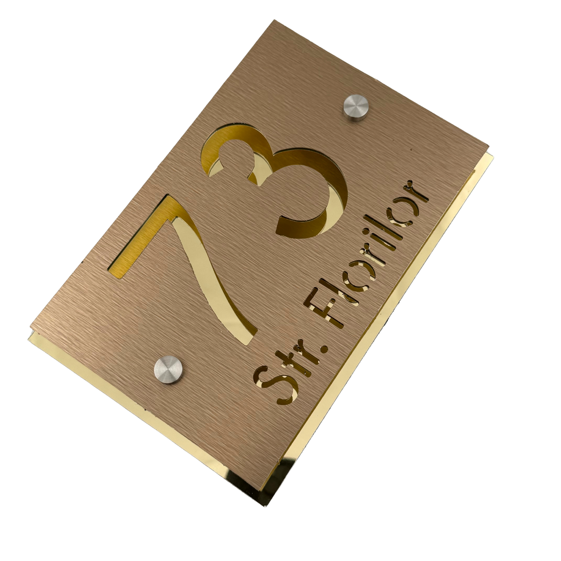 PREMIUM HOUSE NUMBER - Aluminium Pearly Bronze Aluminium Gold Mirror 2 Spacers Silver - 20×13 cm