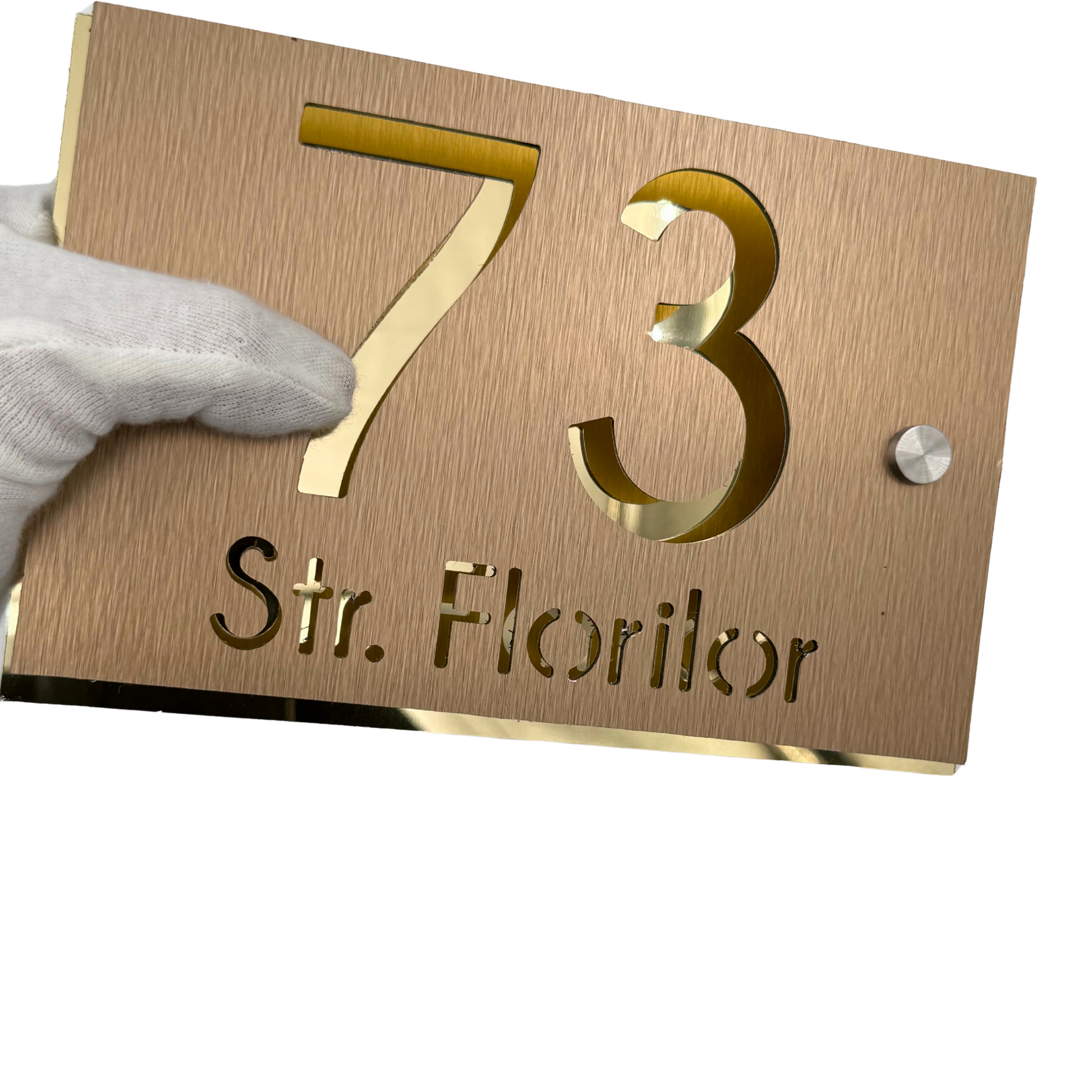 PREMIUM HOUSE NUMBER - Aluminium Pearly Bronze Aluminium Gold Mirror 2 Spacers Silver - 20×13 cm