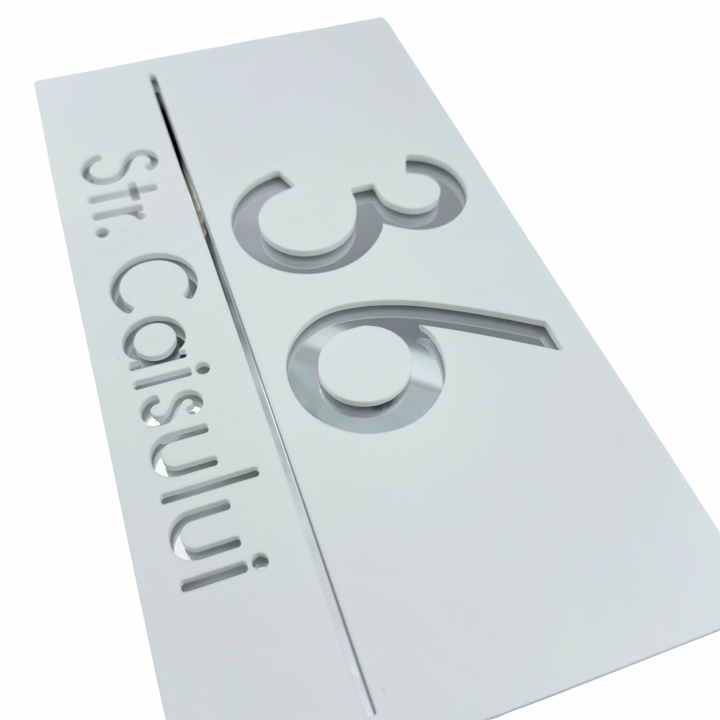 PREMIUM HOUSE NUMBER - White Satin Silver Mirror - 28×15 cm