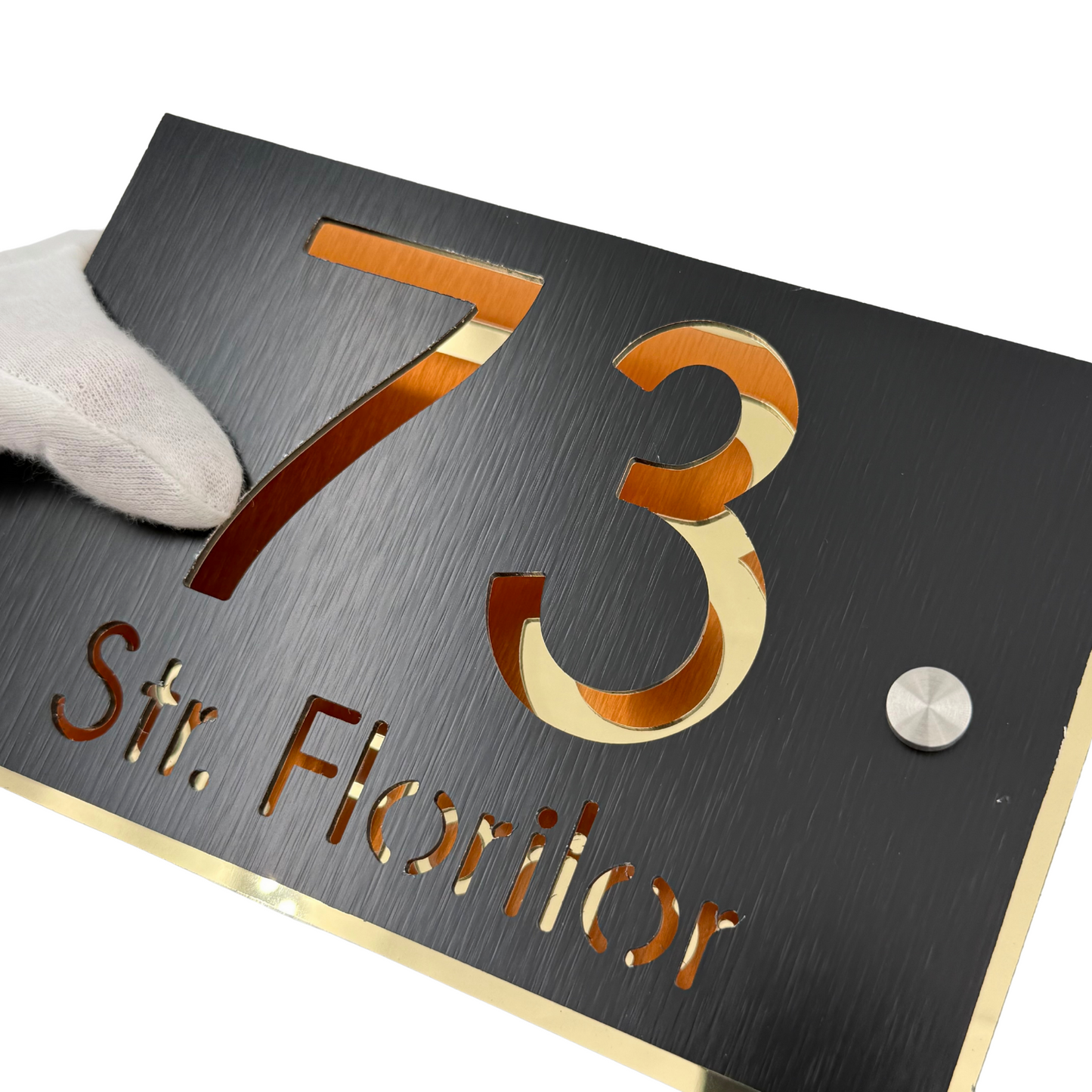 PREMIUM HOUSE NUMBER - Aluminium Pearly Black Aluminium Gold Mirror 2 Spacers Silver - 20×13 cm
