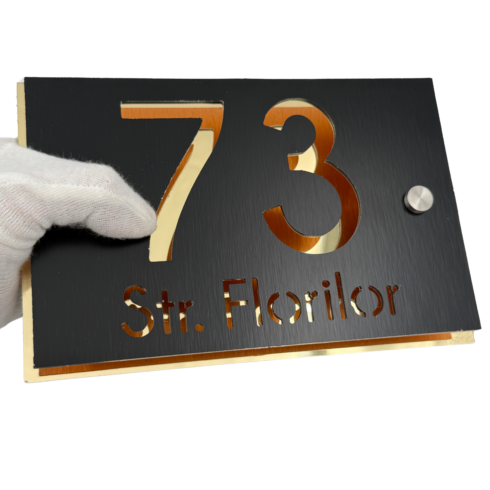 PREMIUM HOUSE NUMBER - Aluminium Pearly Black Aluminium Gold Mirror 2 Spacers Silver - 20×13 cm