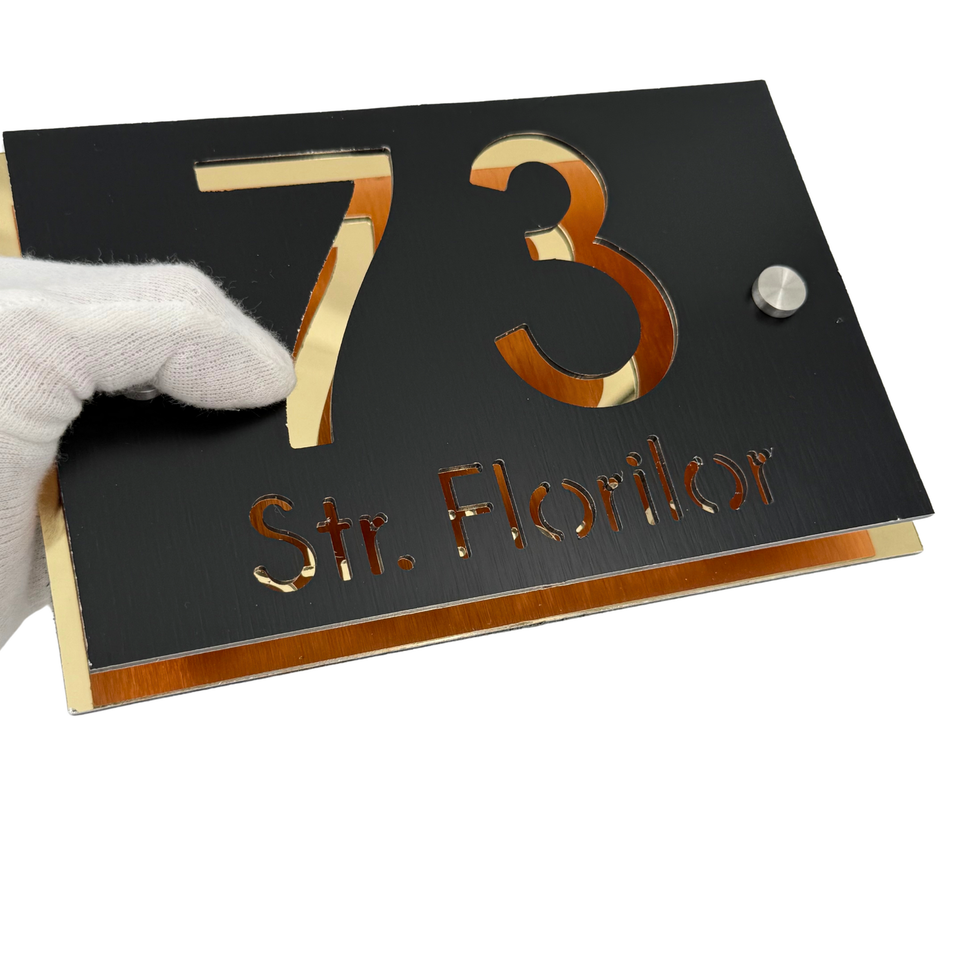 PREMIUM HOUSE NUMBER - Aluminium Pearly Black Aluminium Gold Mirror 2 Spacers Silver - 20×13 cm