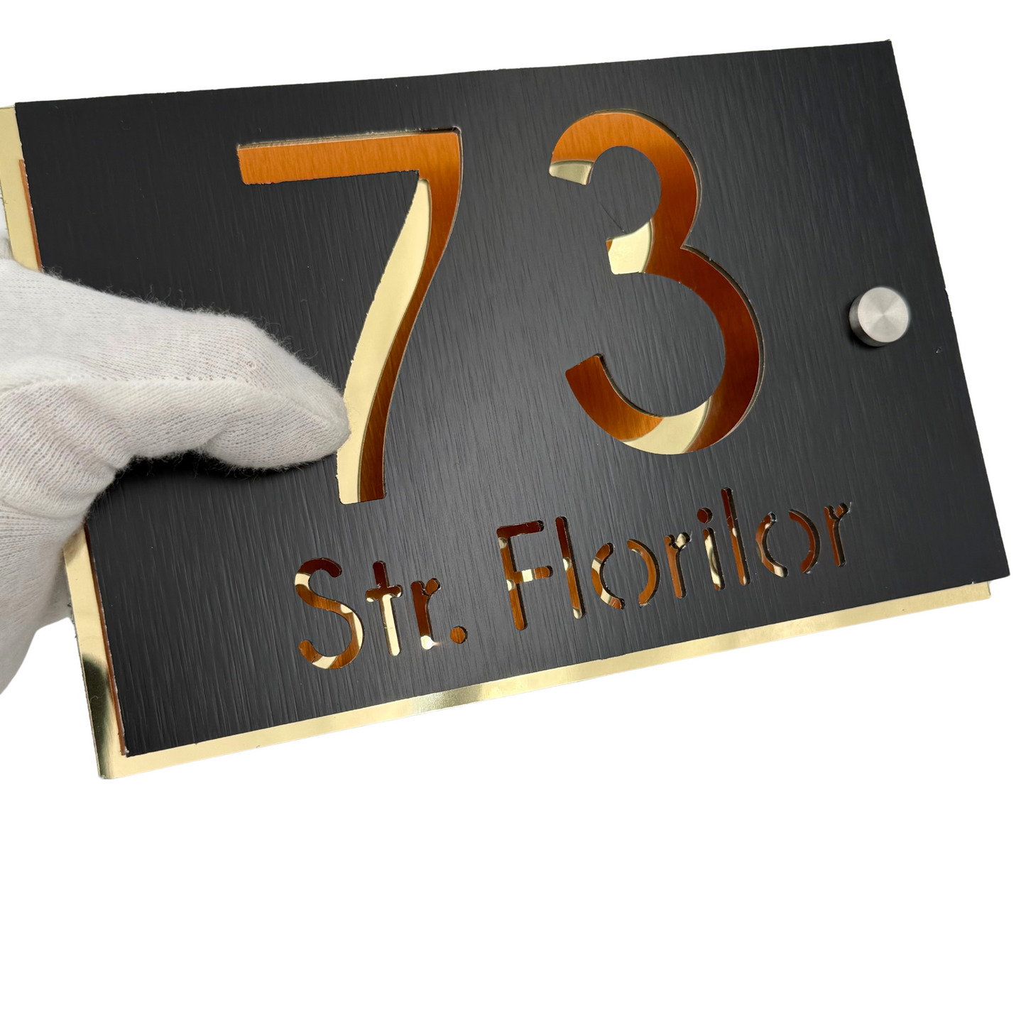 PREMIUM HOUSE NUMBER - Aluminium Pearly Black Aluminium Gold Mirror 2 Spacers Silver - 20×13 cm