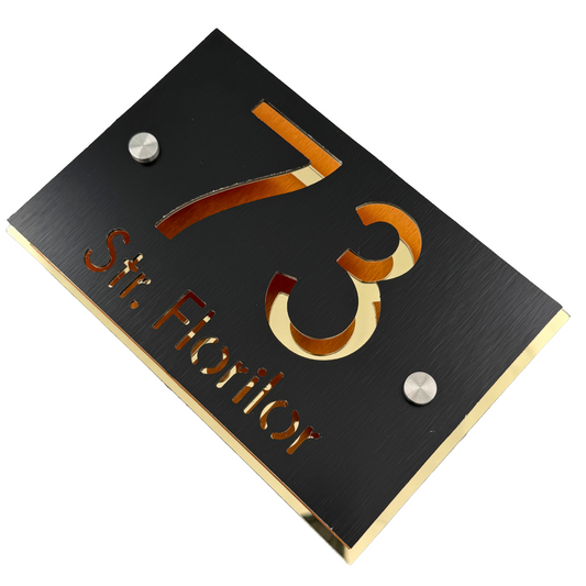 PREMIUM HOUSE NUMBER - Aluminium Pearly Black Aluminium Gold Mirror 2 Spacers Silver - 20×13 cm