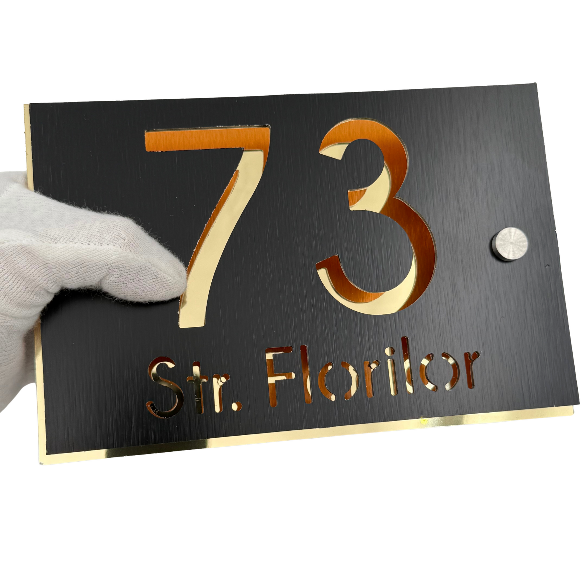 PREMIUM HOUSE NUMBER - Aluminium Pearly Black Aluminium Gold Mirror 2 Spacers Silver - 20×13 cm