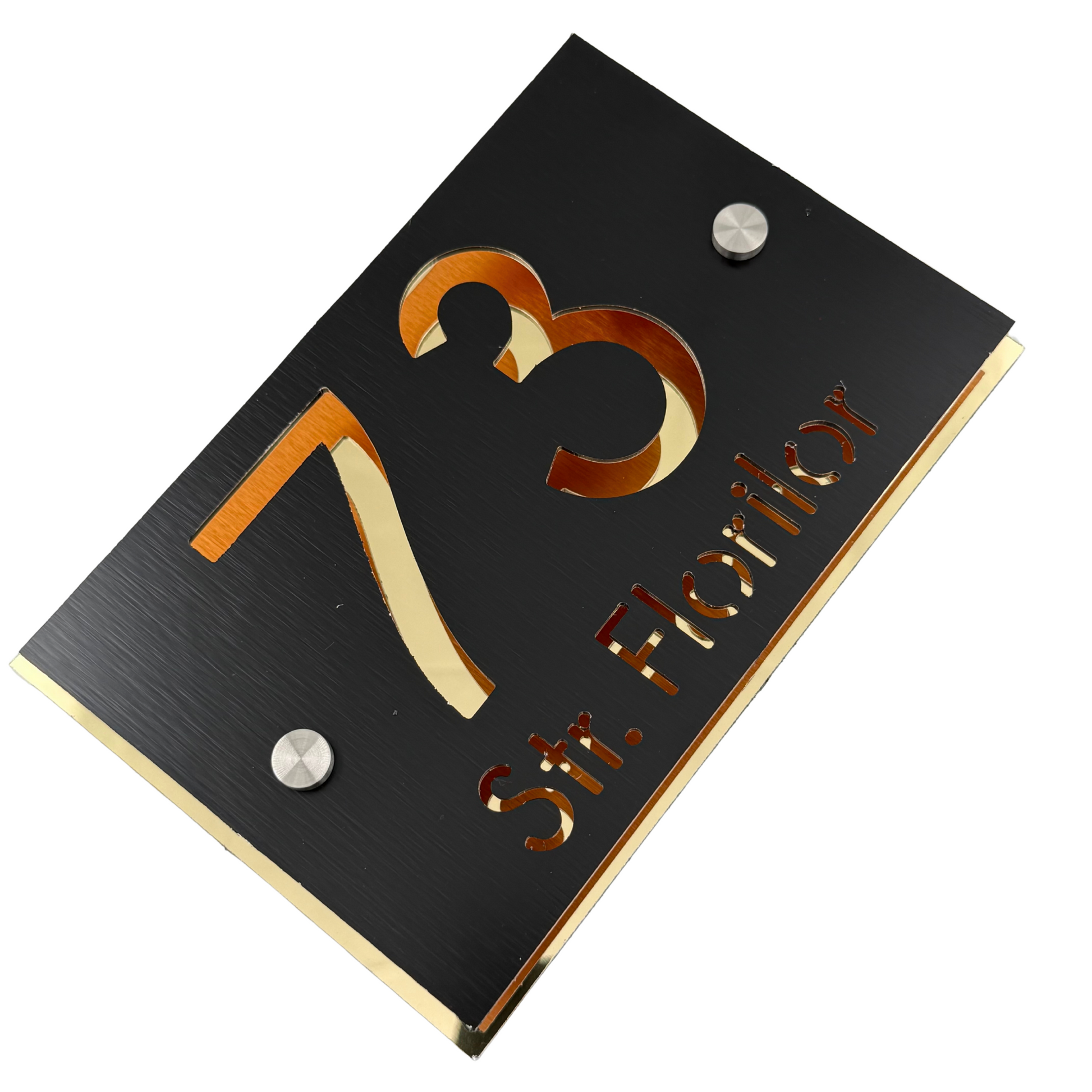 PREMIUM HOUSE NUMBER - Aluminium Pearly Black Aluminium Gold Mirror 2 Spacers Silver - 20×13 cm