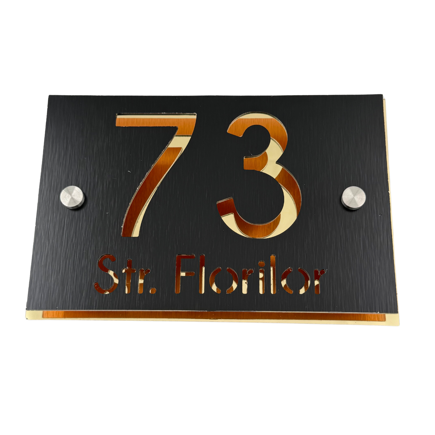 PREMIUM HOUSE NUMBER - Aluminium Pearly Black Aluminium Gold Mirror 2 Spacers Silver - 20×13 cm