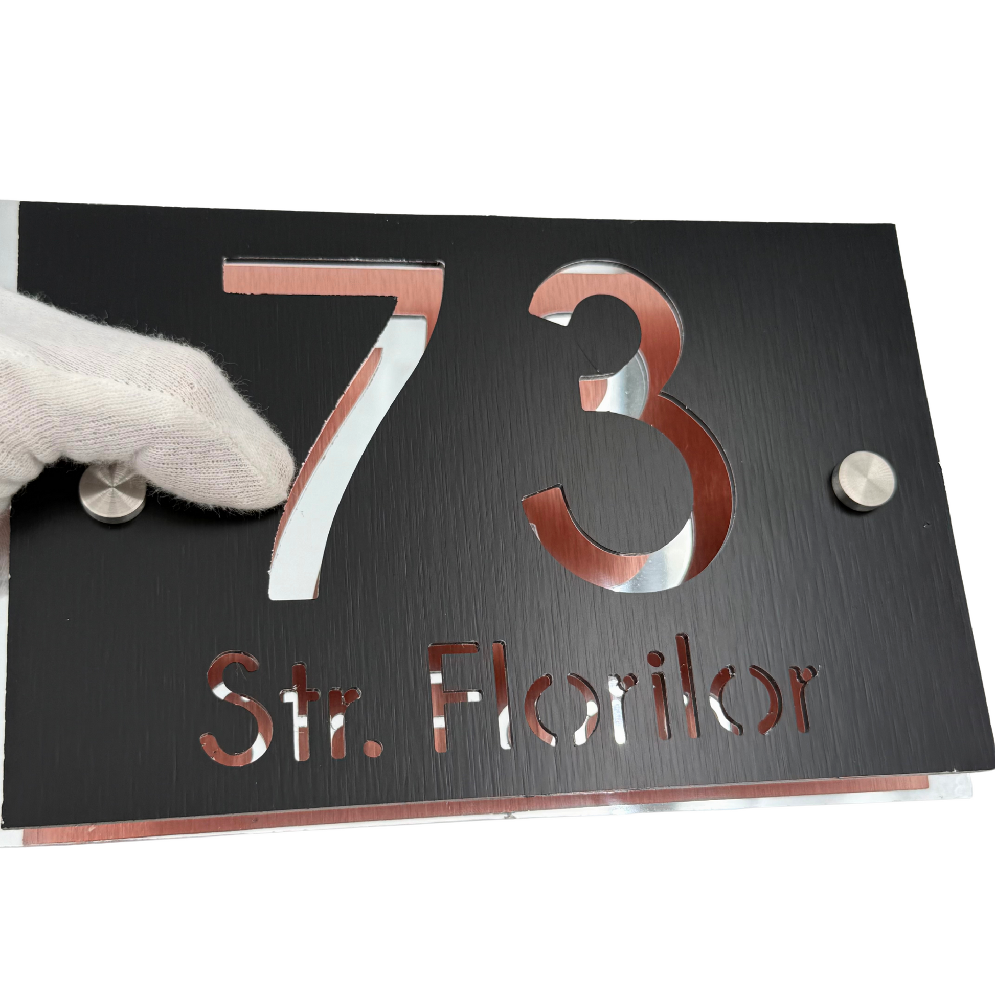 PREMIUM HOUSE NUMBER - Aluminium Pearly Black Aluminium Silver Mirror 2 Spacers Silver - 20×13 cm