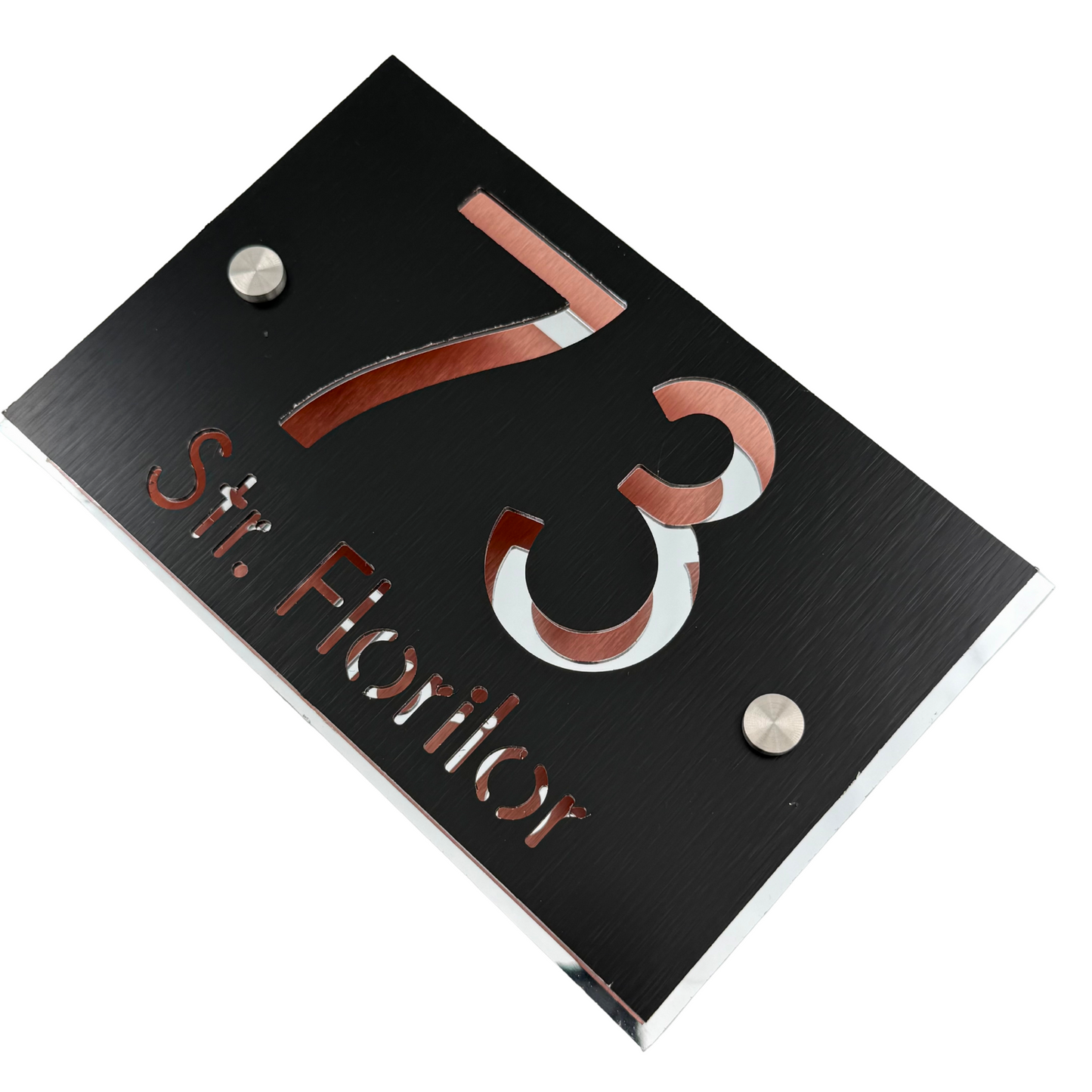 PREMIUM HOUSE NUMBER - Aluminium Pearly Black Aluminium Silver Mirror 2 Spacers Silver - 20×13 cm