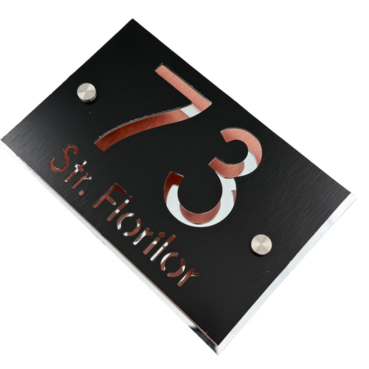 PREMIUM HOUSE NUMBER - Aluminium Pearly Black Aluminium Silver Mirror 2 Spacers Silver - 20×13 cm