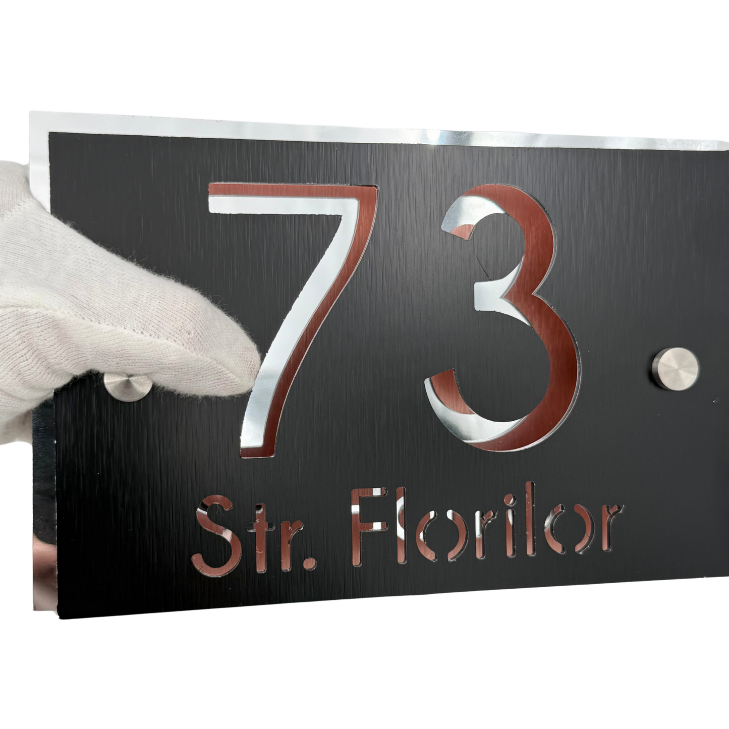 PREMIUM HOUSE NUMBER - Aluminium Pearly Black Aluminium Silver Mirror 2 Spacers Silver - 20×13 cm