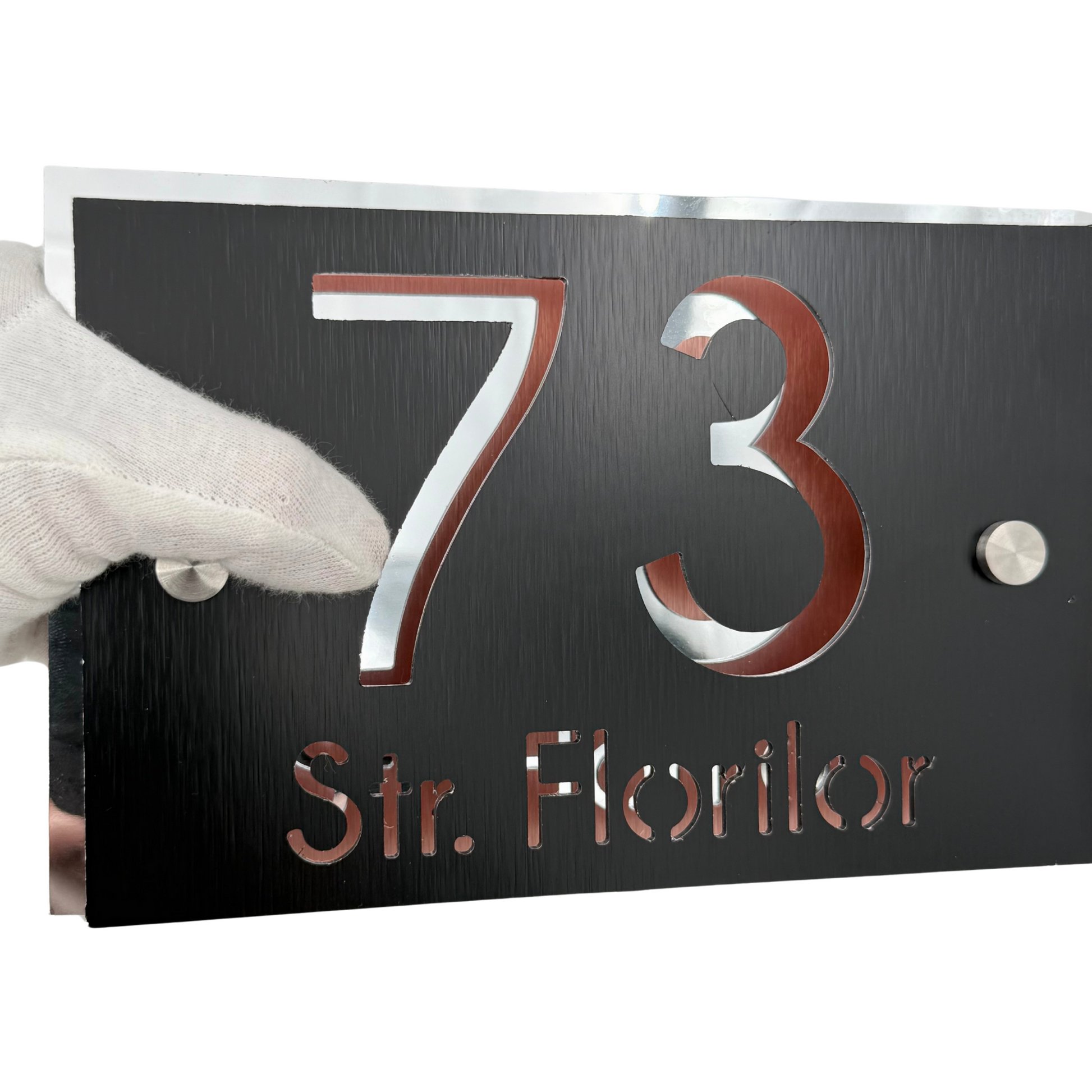 PREMIUM HOUSE NUMBER - Aluminium Pearly Black Aluminium Silver Mirror 2 Spacers Silver - 20×13 cm