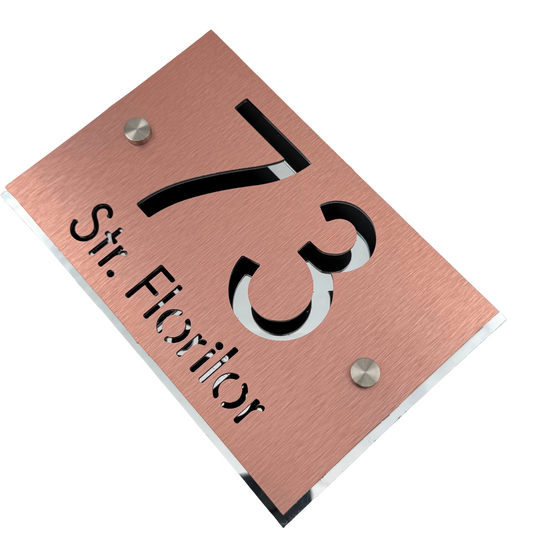 PREMIUM HOUSE NUMBER - Aluminium Pearly Copper Aluminium Silver Mirror 2 Spacers Silver - 20×13 cm