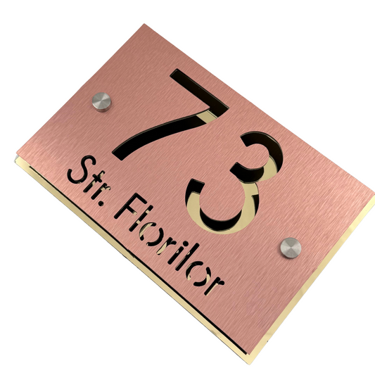 PREMIUM HOUSE NUMBER - Aluminium Pearly Copper Aluminium Gold Mirror 2 Spacers Silver - 20×13 cm