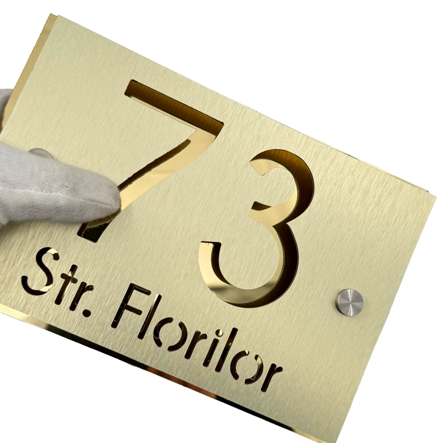 PREMIUM HOUSE NUMBER - Aluminium Pearly Gold Aluminium Gold Mirror 2 Spacers Silver - 20×13 cm