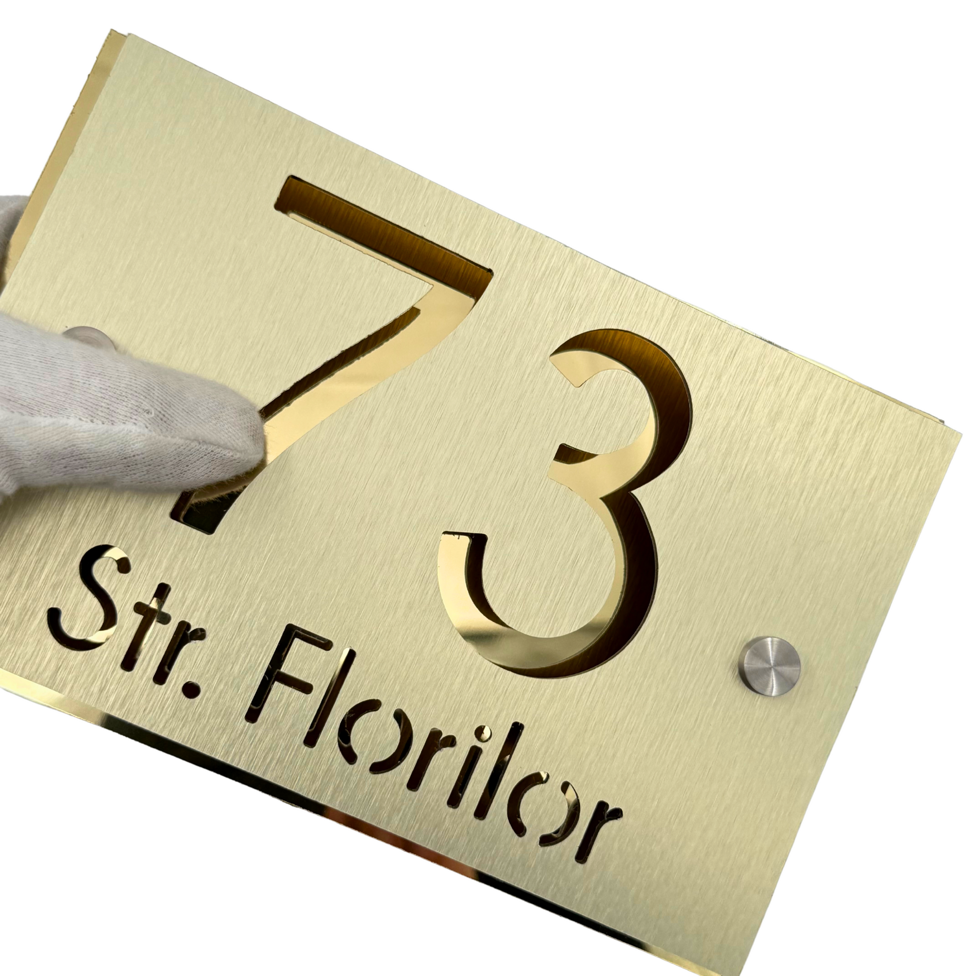 PREMIUM HOUSE NUMBER - Aluminium Pearly Gold Aluminium Gold Mirror 2 Spacers Silver - 20×13 cm