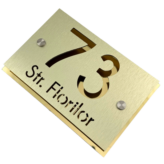 PREMIUM HOUSE NUMBER - Aluminium Pearly Gold Aluminium Gold Mirror 2 Spacers Silver - 20×13 cm