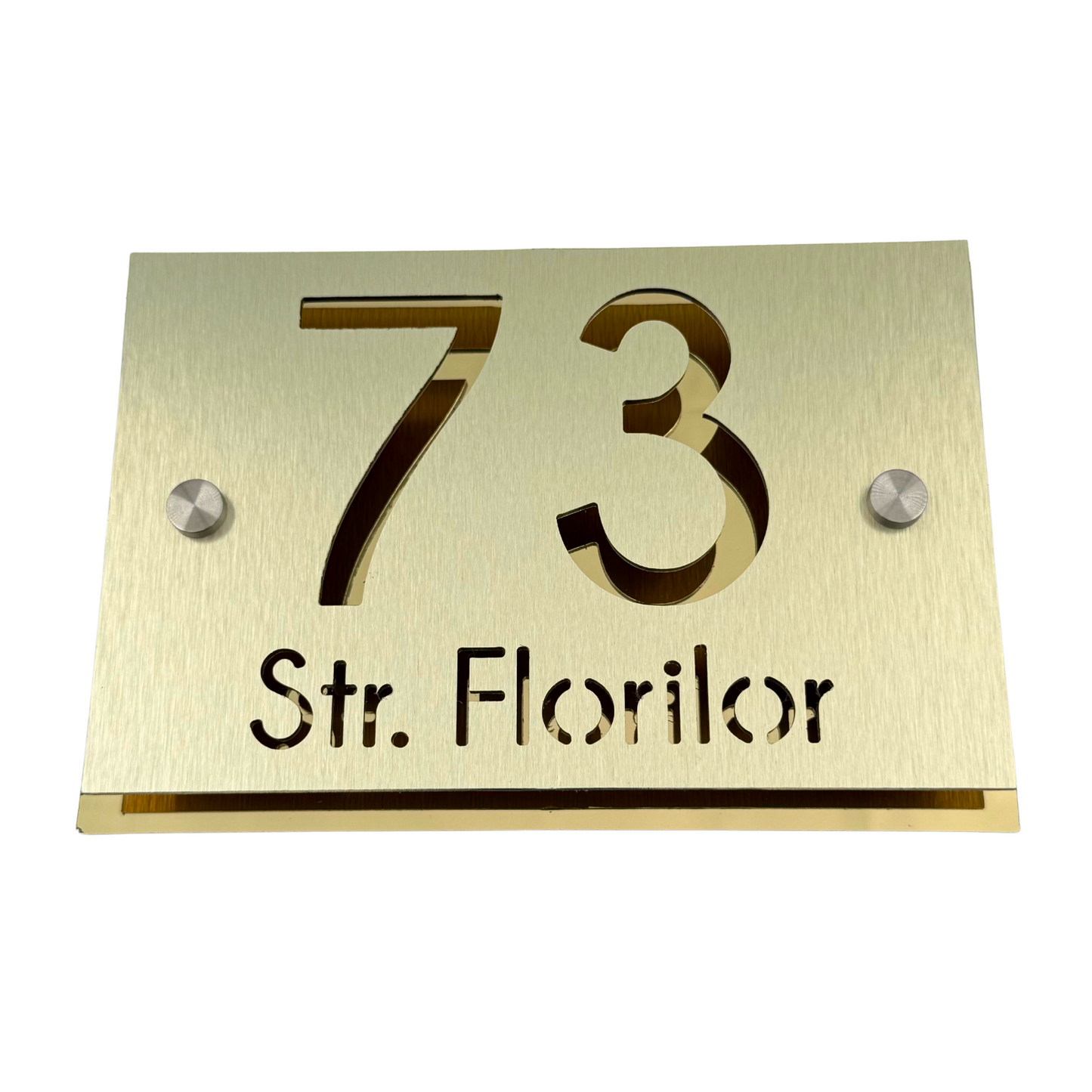 PREMIUM HOUSE NUMBER - Aluminium Pearly Gold Aluminium Gold Mirror 2 Spacers Silver - 20×13 cm