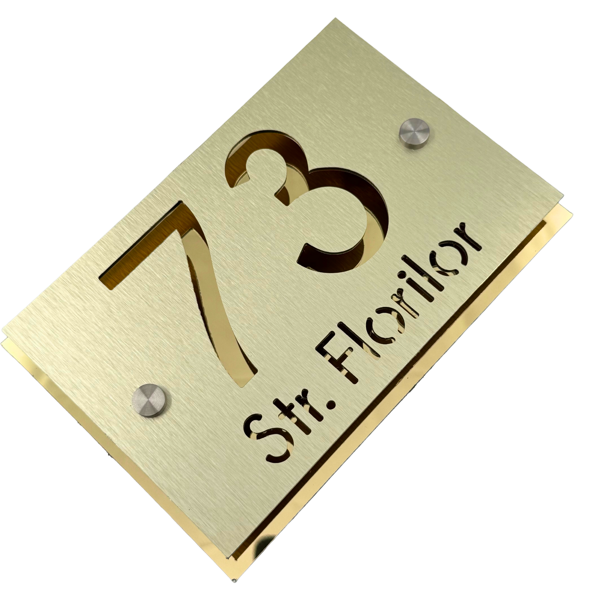 PREMIUM HOUSE NUMBER - Aluminium Pearly Gold Aluminium Gold Mirror 2 Spacers Silver - 20×13 cm