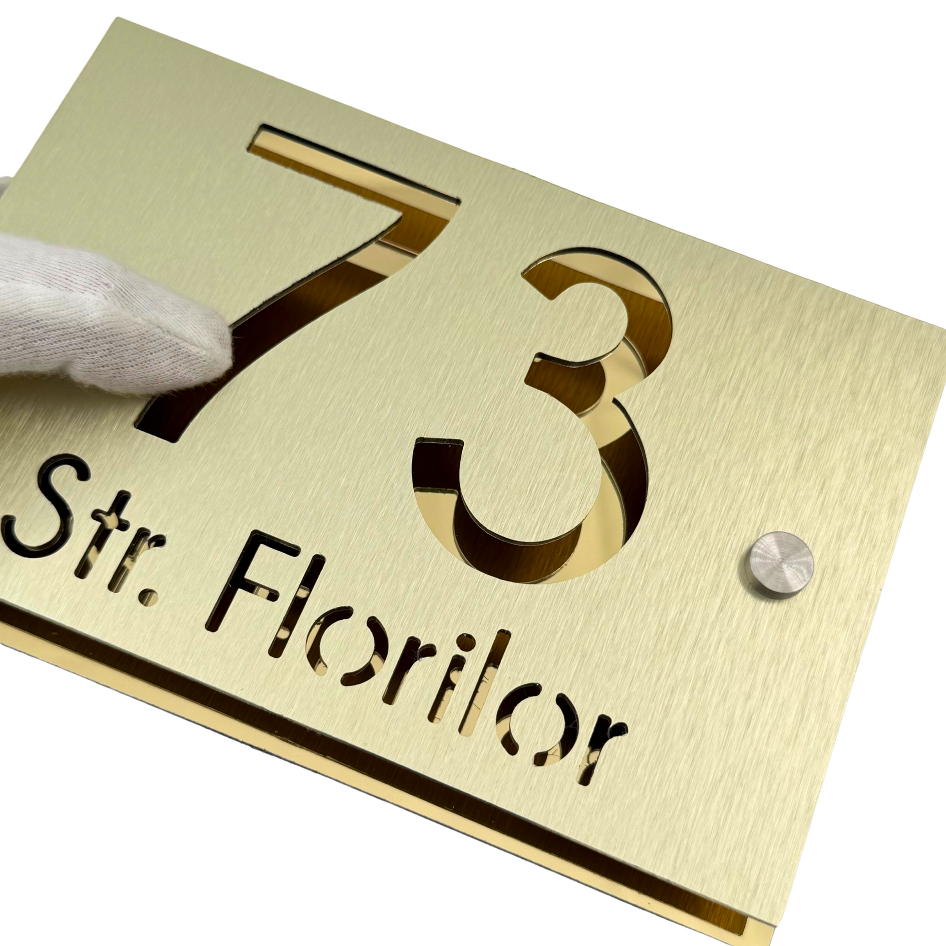 PREMIUM HOUSE NUMBER - Aluminium Pearly Gold Aluminium Gold Mirror 2 Spacers Silver - 20×13 cm