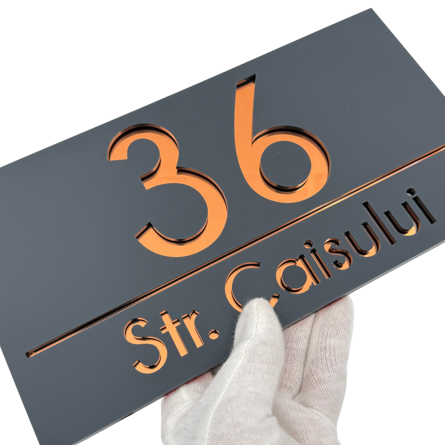 PREMIUM HOUSE NUMBER - Satin Grey Copper Mirror - 28×15 cm