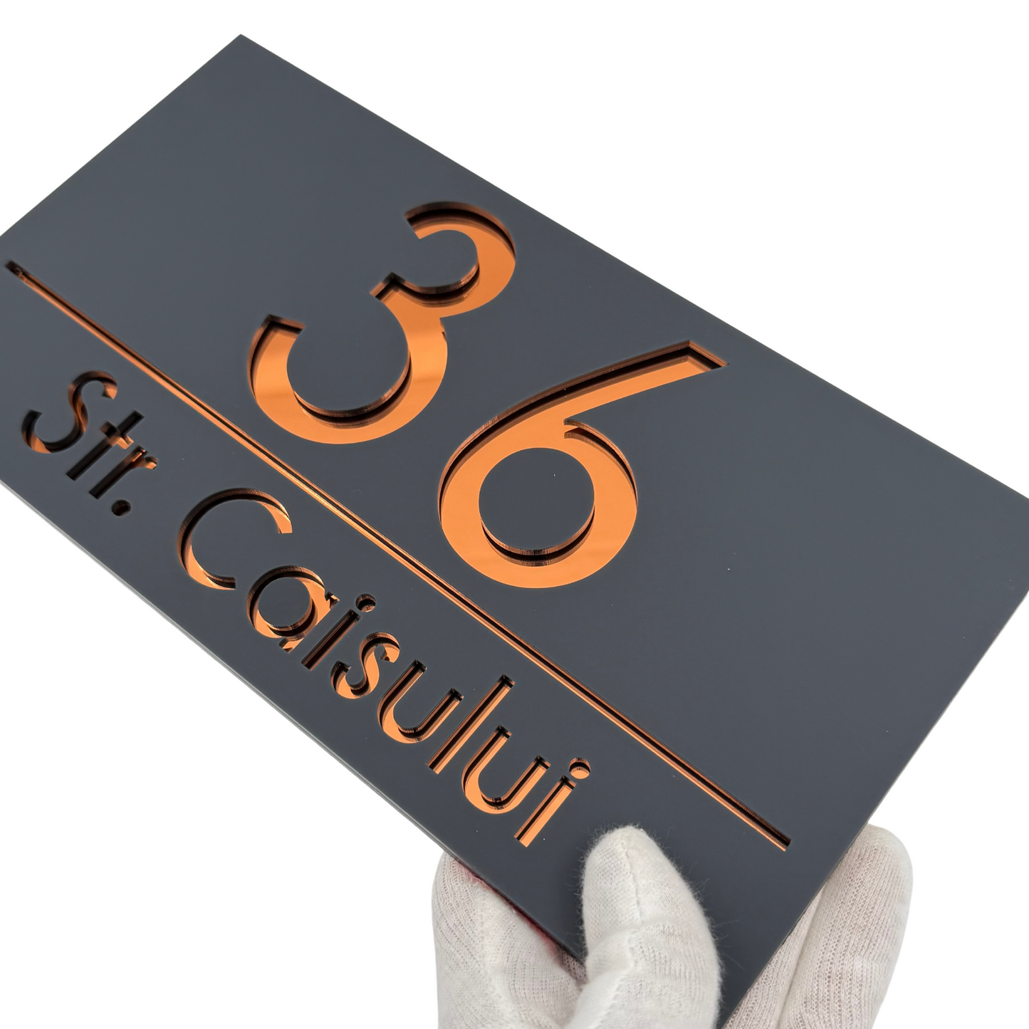 PREMIUM HOUSE NUMBER - Satin Grey Copper Mirror - 28×15 cm